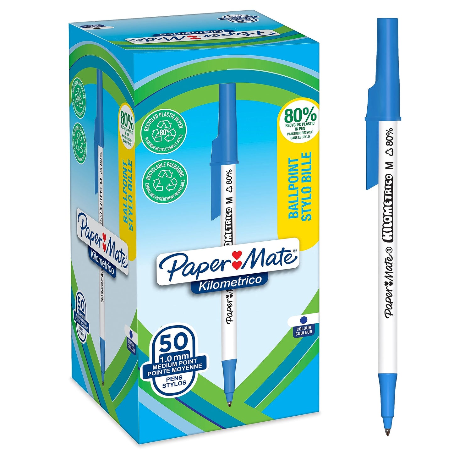 Paper Mate Kilometrico Ballpoint Pens | Long Writing with Medium Point (1.0mm) | Blue Ink | 80%