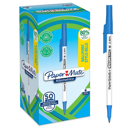 Paper Mate Kilometrico Ballpoint Pens | Long Writing with Medium Point (1.0mm) | Blue Ink | 80%