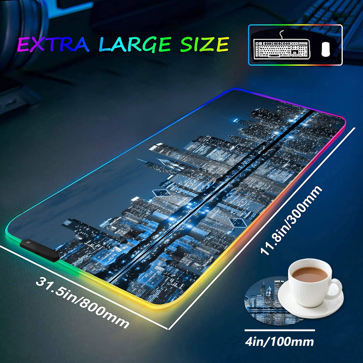 RGB Gaming Mouse Pad with Coffee Coaster, XXL Large Glowing LED Mousepad, Anti-Slip Rubber Base