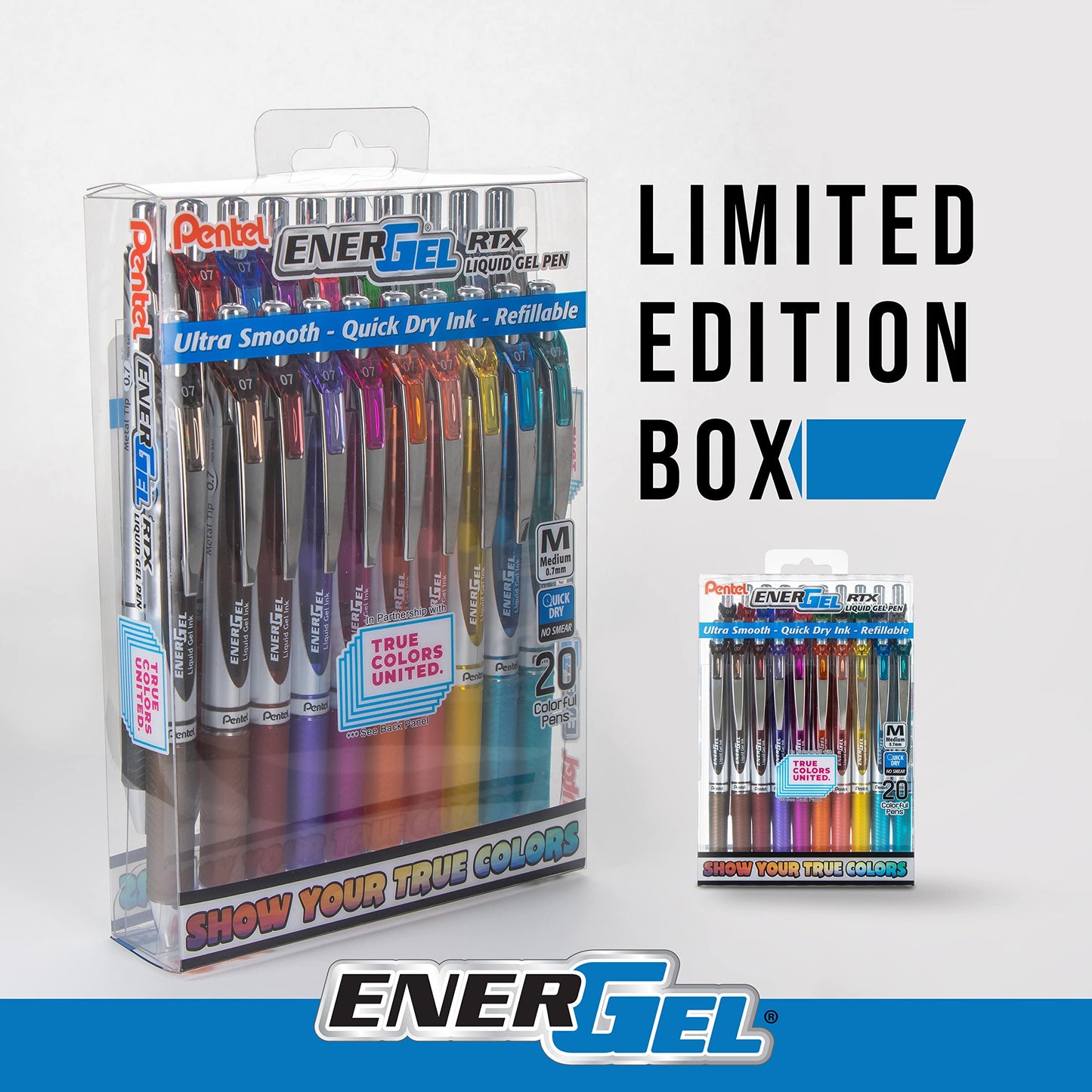 Pentel EnerGel RTX True Colors United 0.7mm Medium Line, 20 Assorted ink Colors, Pack of 20 pens