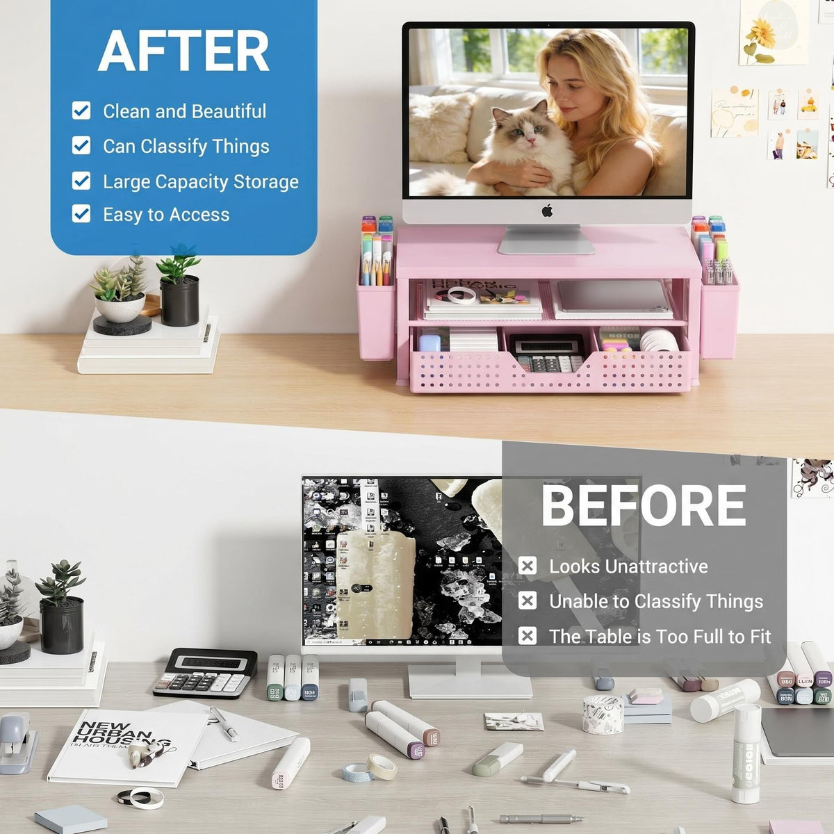 OPNICE Desk Organizers and Accessories, Computer Monitor Stand Riser with Drawer and 2 Pen Holders