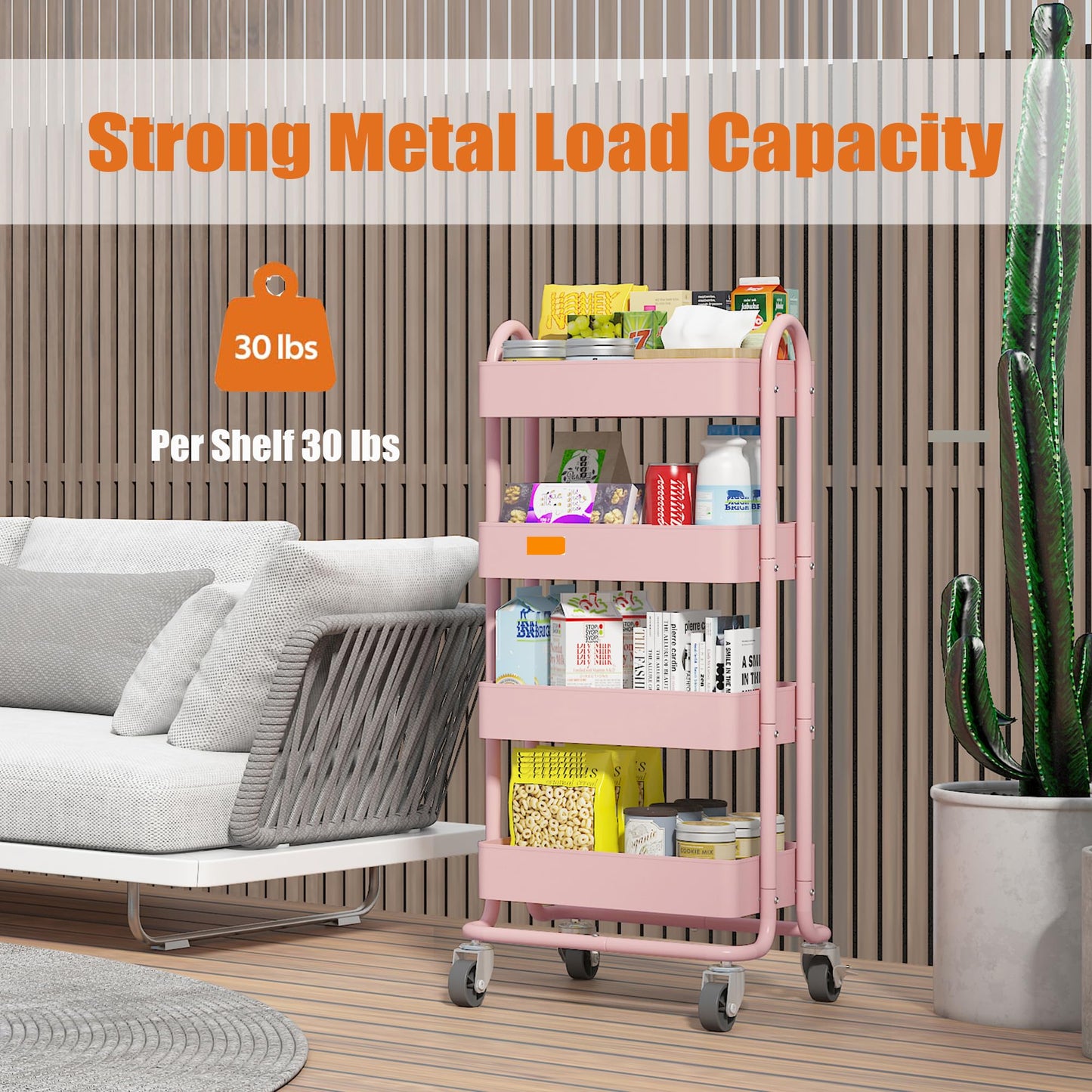 Elitehouse 4 Tier Metal Rolling Cart Pink Utility Cart with Wheels,Rolling Pink Cart for