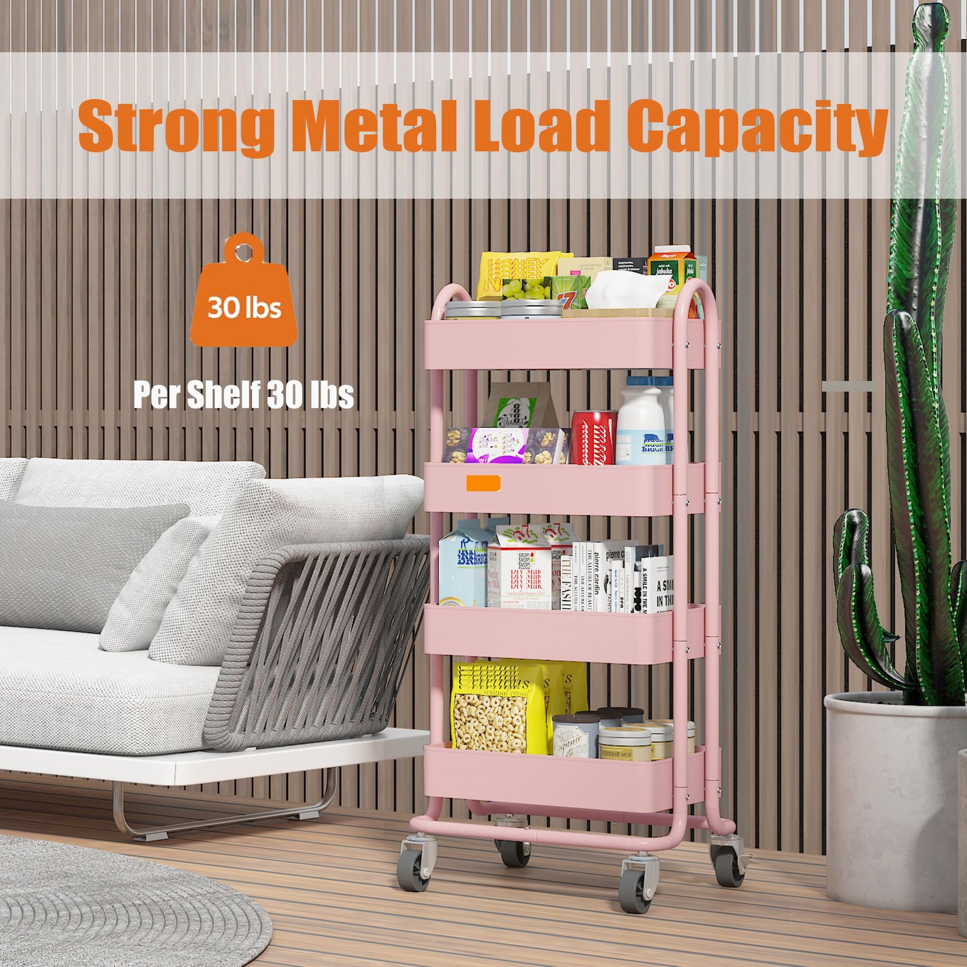 Elitehouse 4 Tier Metal Rolling Cart Pink Utility Cart with Wheels,Rolling Pink Cart for