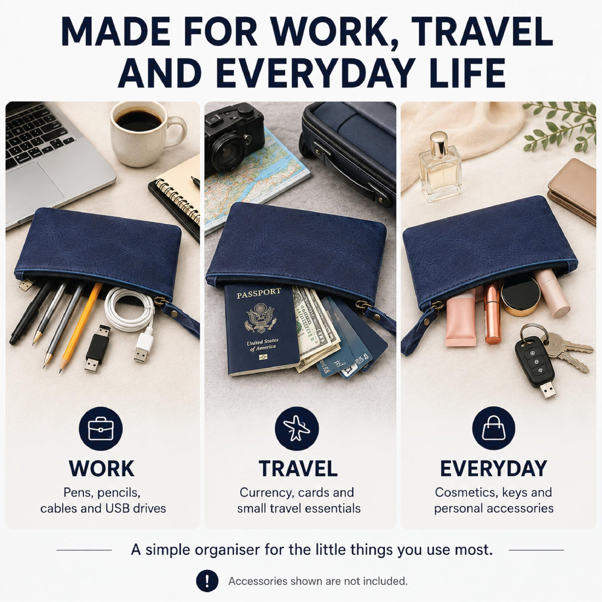 TheAntiq Blue Leather Pencil Pouch with Zipper - Slim Pen Holder (8" x 4" Inches), Coin Pouch &
