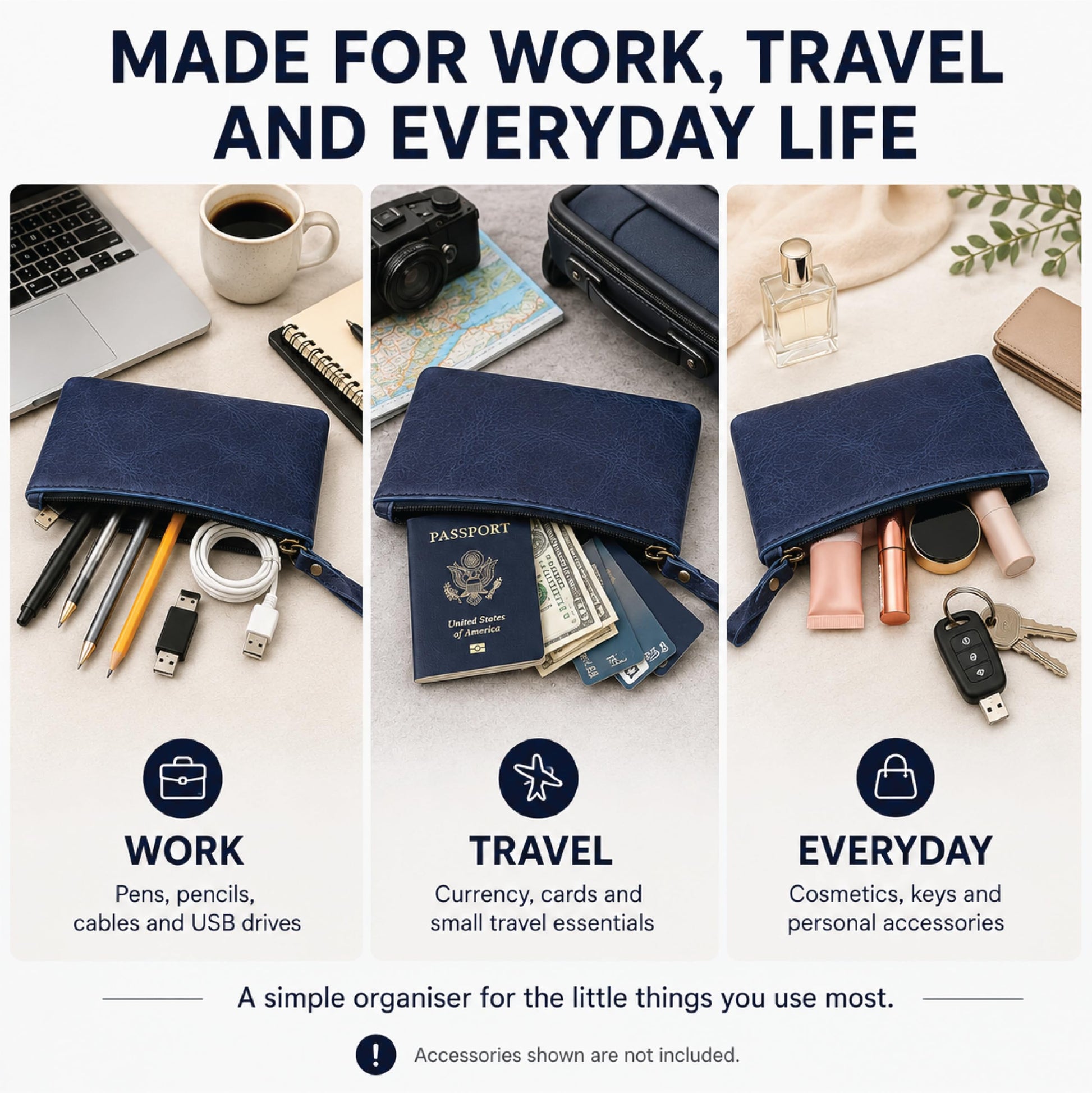 TheAntiq Blue Leather Pencil Pouch with Zipper - Slim Pen Holder (8" x 4" Inches), Coin Pouch &