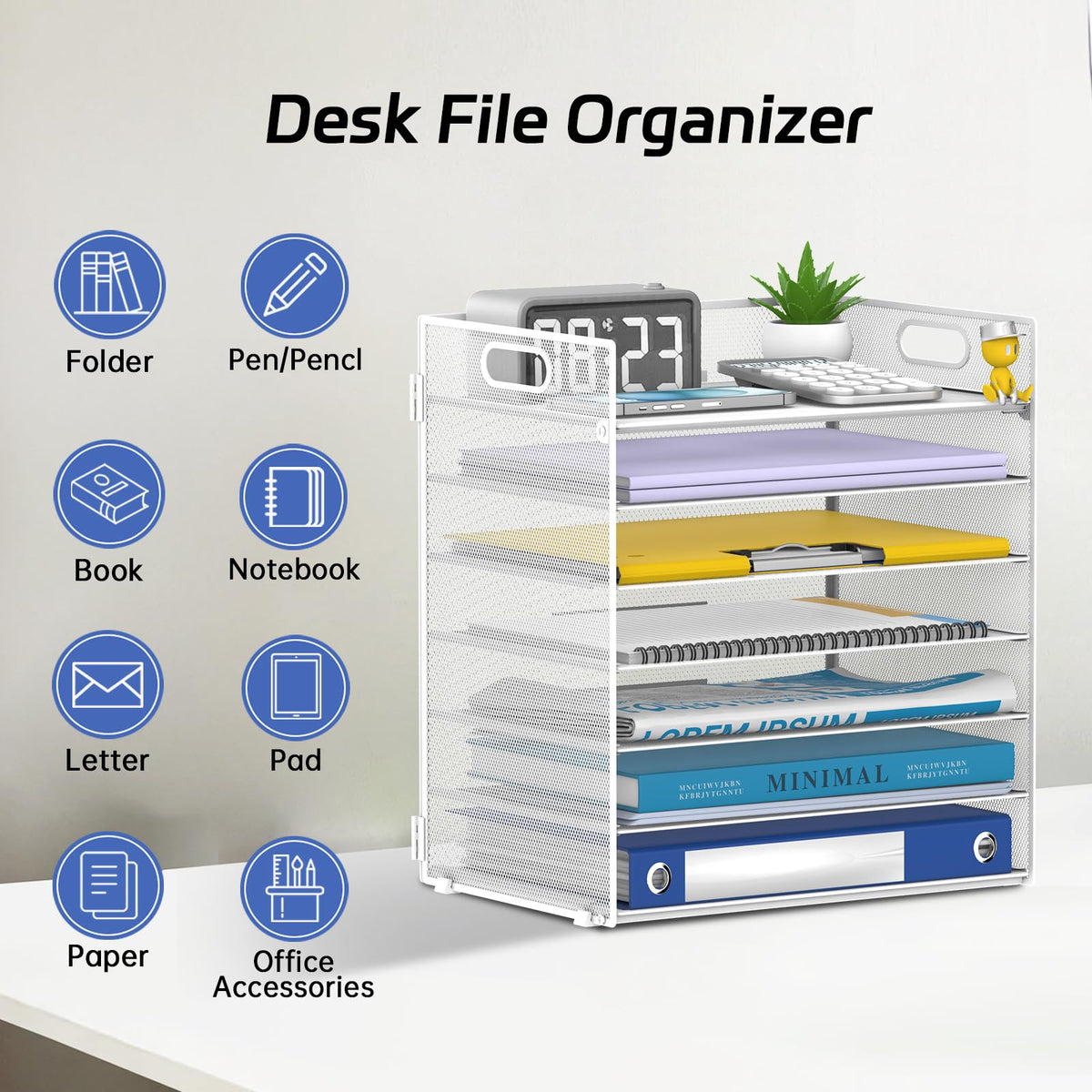 ReePlan 7 Tier Paper Organizer for Desk with Letter Trays & Handle White