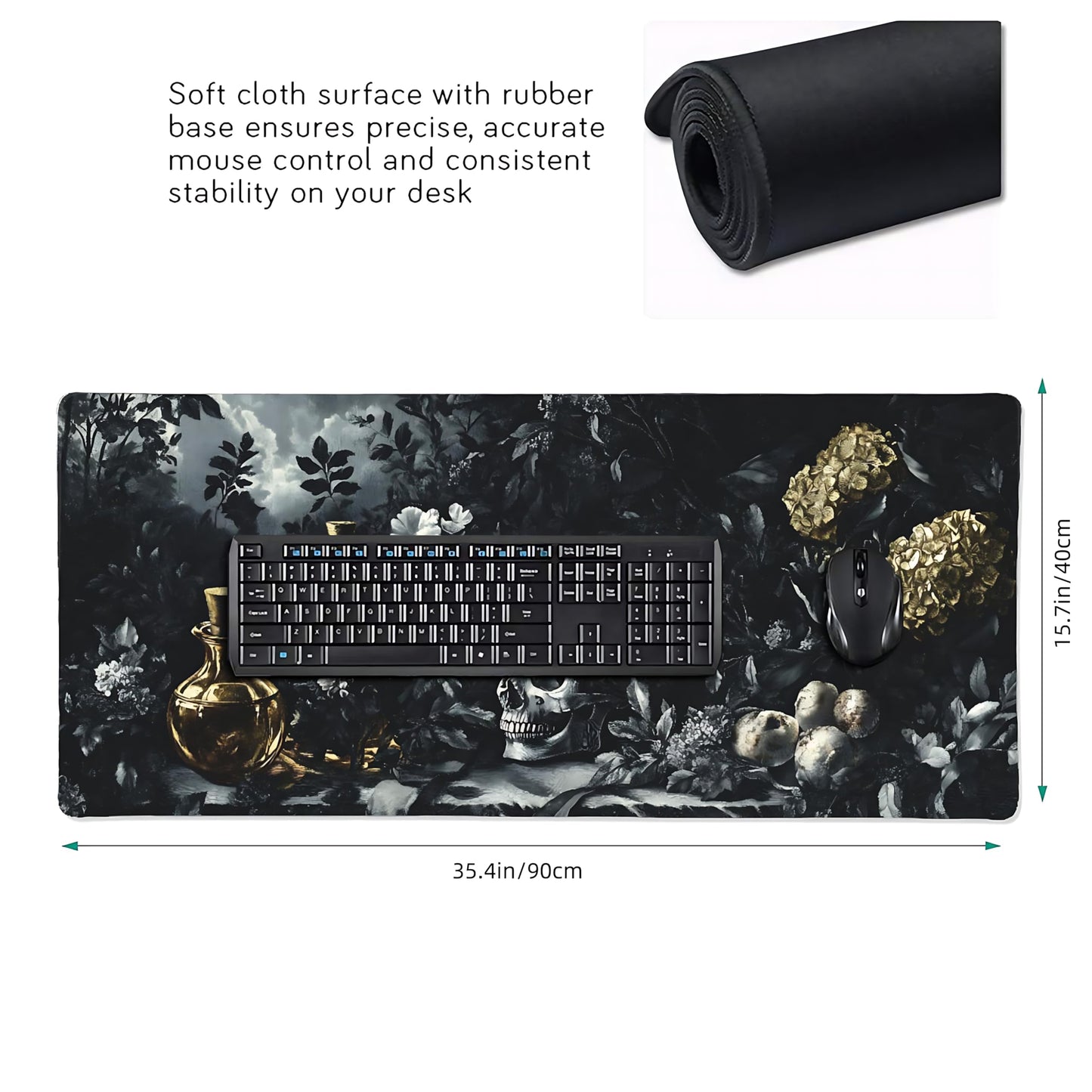 Aesthetic Skull Gaming Mouse Pad, Black Gold Dark Epic Desk Mat with Anti-Slip Base & Stitched