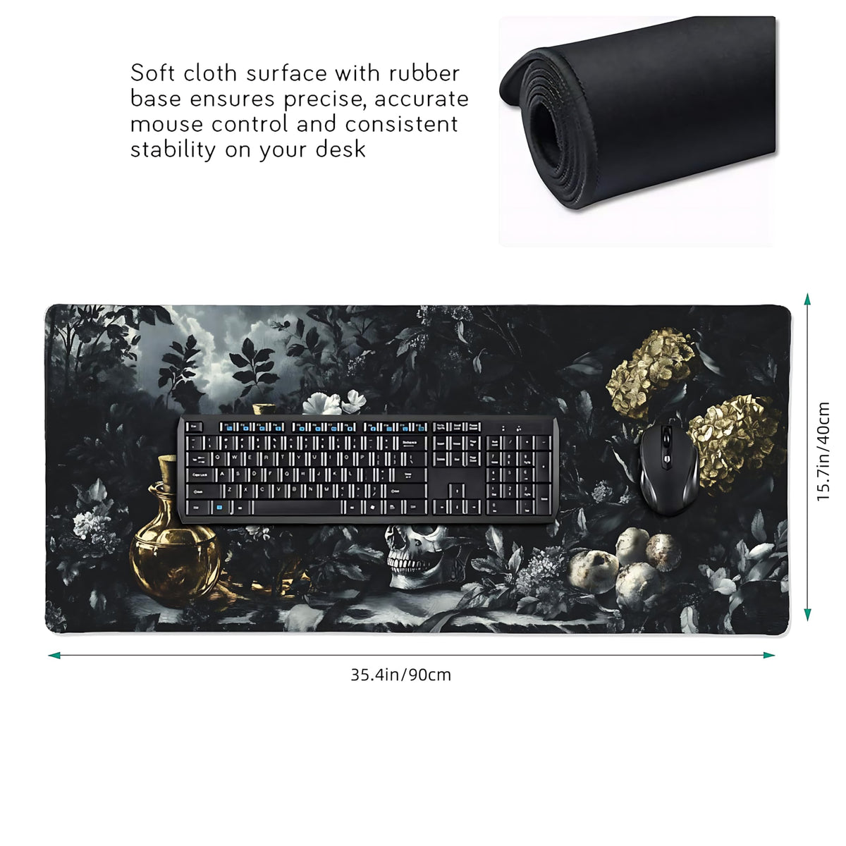 Aesthetic Skull Gaming Mouse Pad, Black Gold Dark Epic Desk Mat with Anti-Slip Base & Stitched
