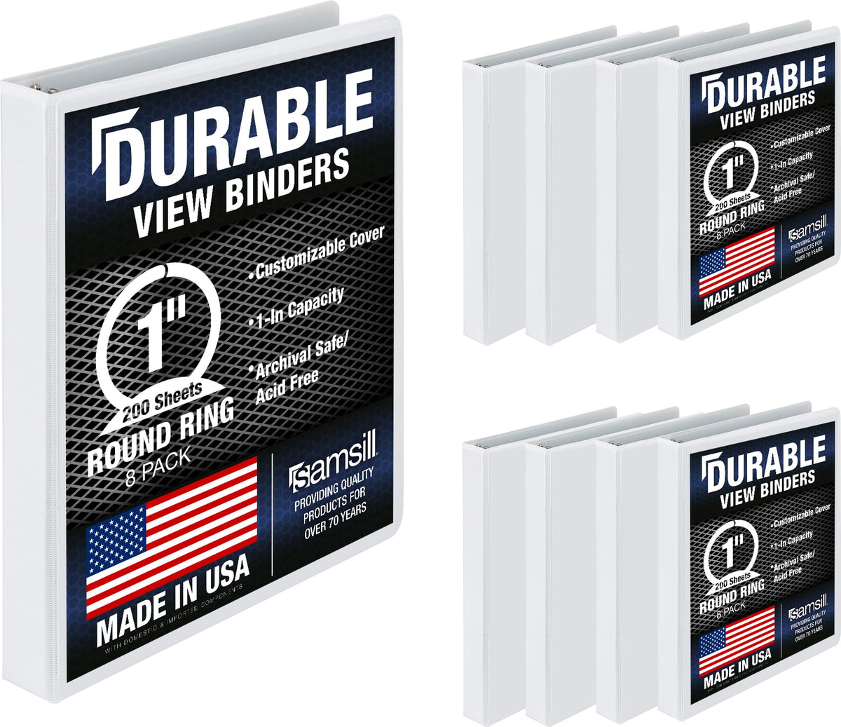 Samsill 8 Pack Durable 1 Inch 3 Ring Binders, Round Ring, Clear View Cover for Presentations, White