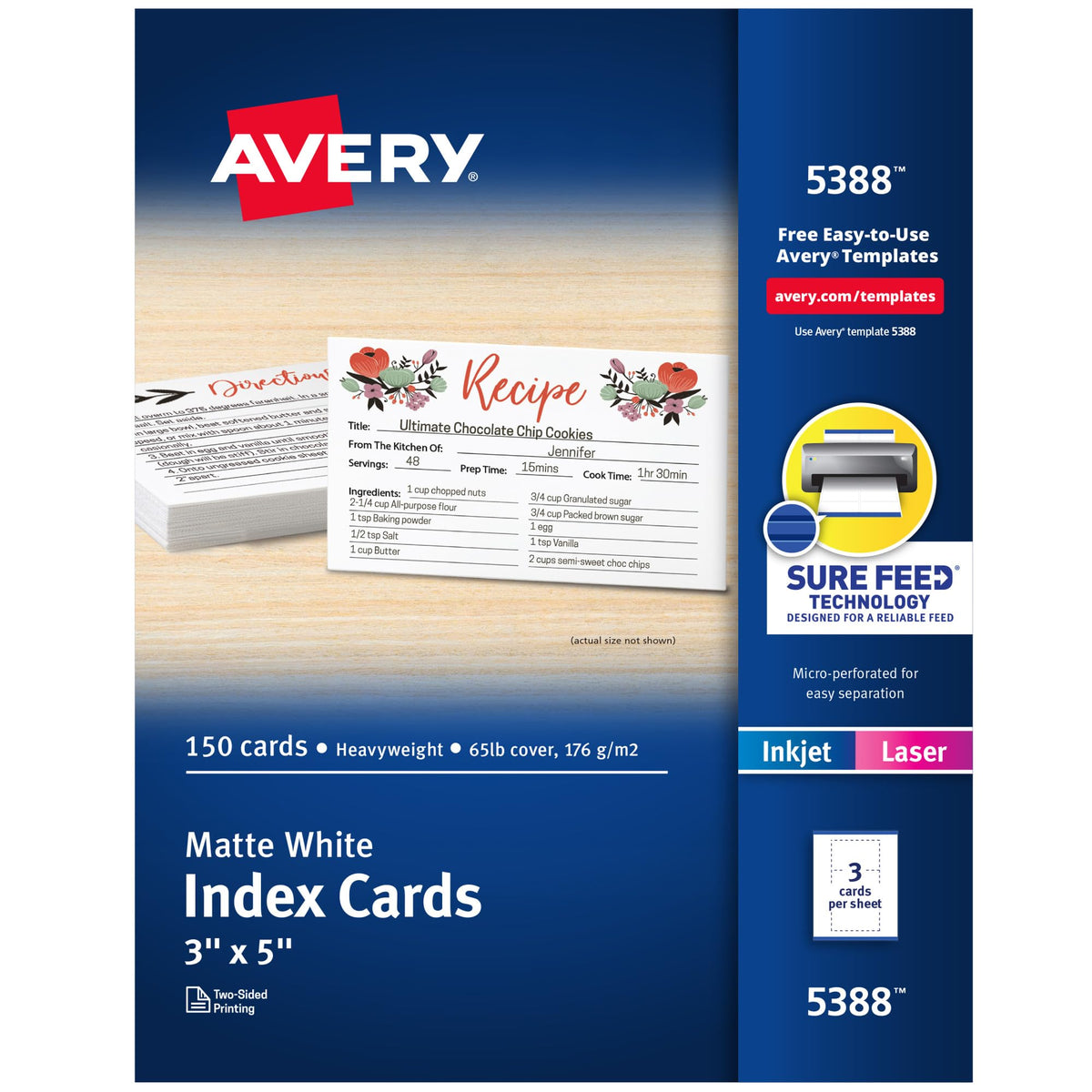 Avery Printable Index Cards, Sure Feed Technology, 3" x 5", Matte White, Laser & Inkjet Compatible