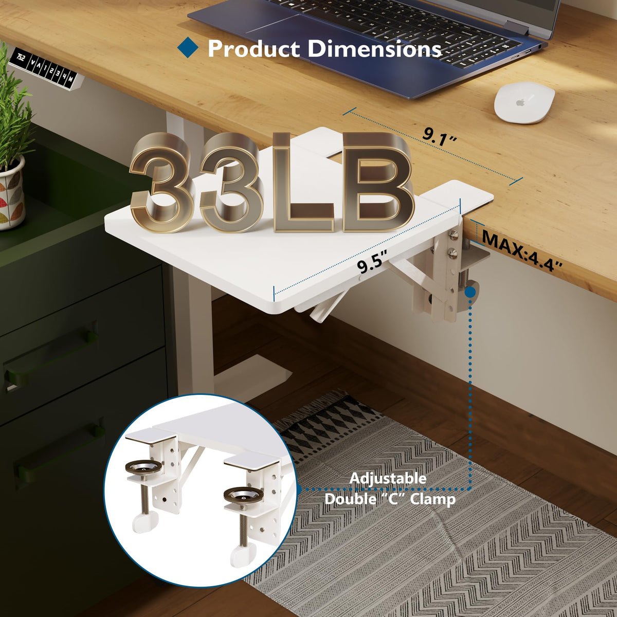 BONTEC Ergonomic Desk Extender Tray, 9.5"x9.1" Table Mount Arm Wrist Rest Shelf, 90° Foldable Elbow
