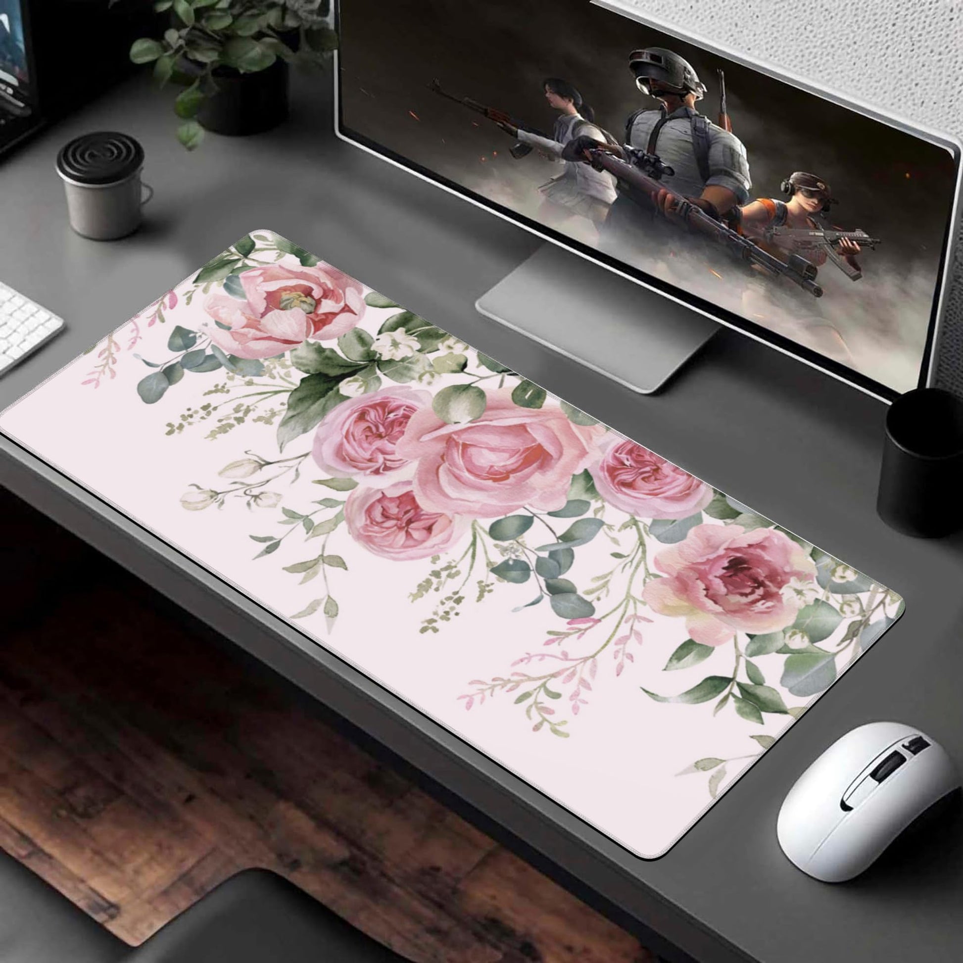 XXL Mouse Pad, Pink Peony Flowers Eucalyptus Green Leaves Large Desk Mat for Desktop, Extended