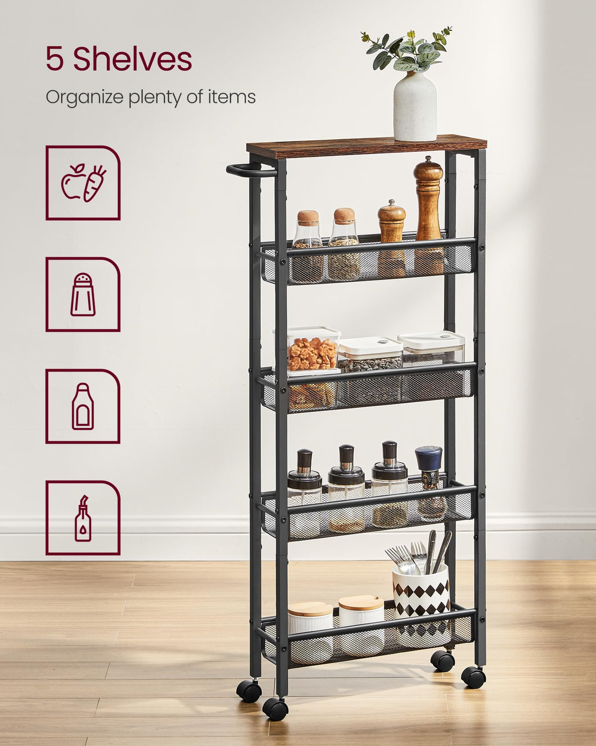 VASAGLE 5-Tier Slim Rolling Storage cart with Wheels, 5.1 Inches, Metal