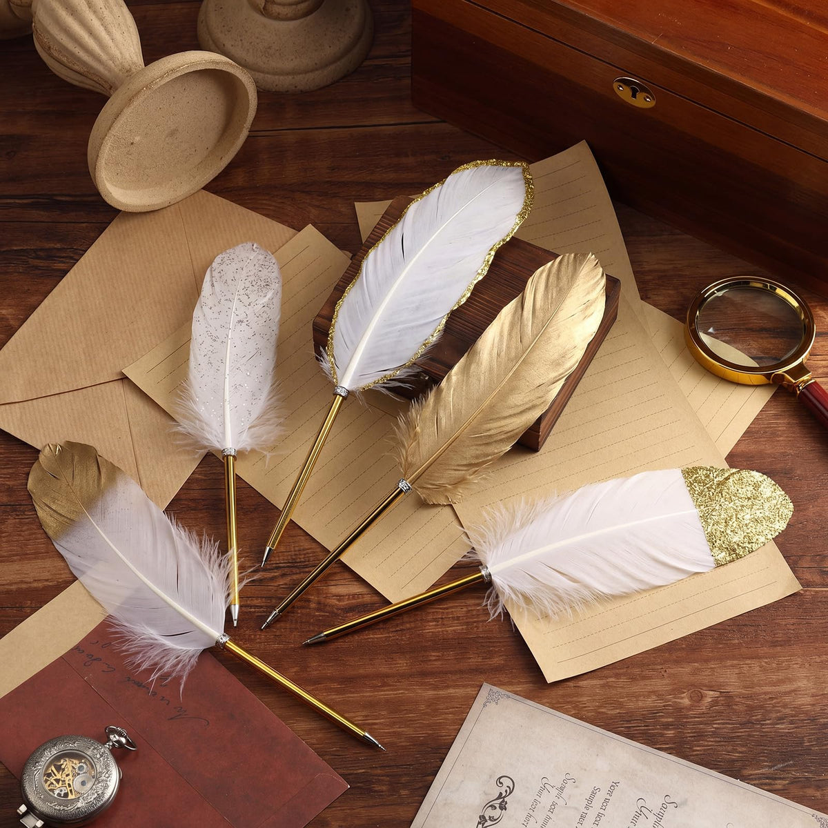 Chivao Feather Pens, Gold and White, 20 Pcs