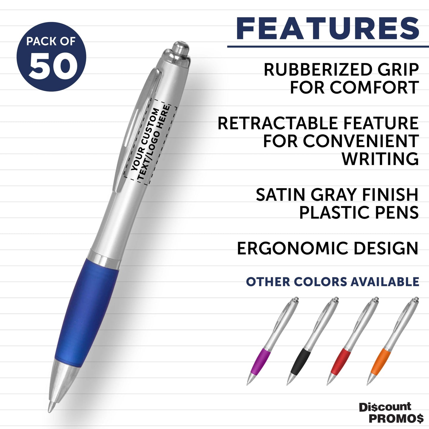 Personalized Ballpoint Pens with Rubber Grip and Click Button, Pack of 50 by DISCOUNT PROMOS