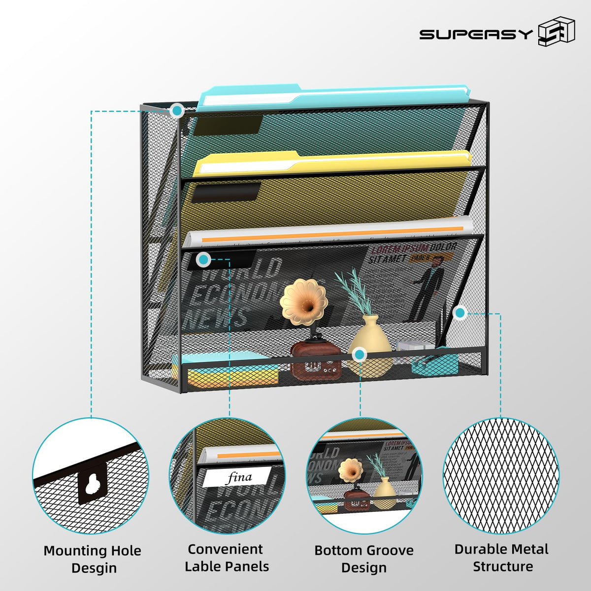 SUPEASY Wall File Organizer Mesh Office Mail Holder, Hanging Wall Organizer Magazine Rack for