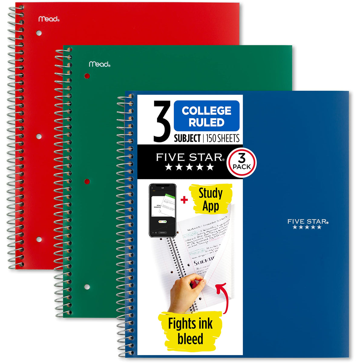 Five Star Spiral Notebook + Study App, 3 Pack, 3 Subject, College Ruled Paper, Fights Ink Bleed