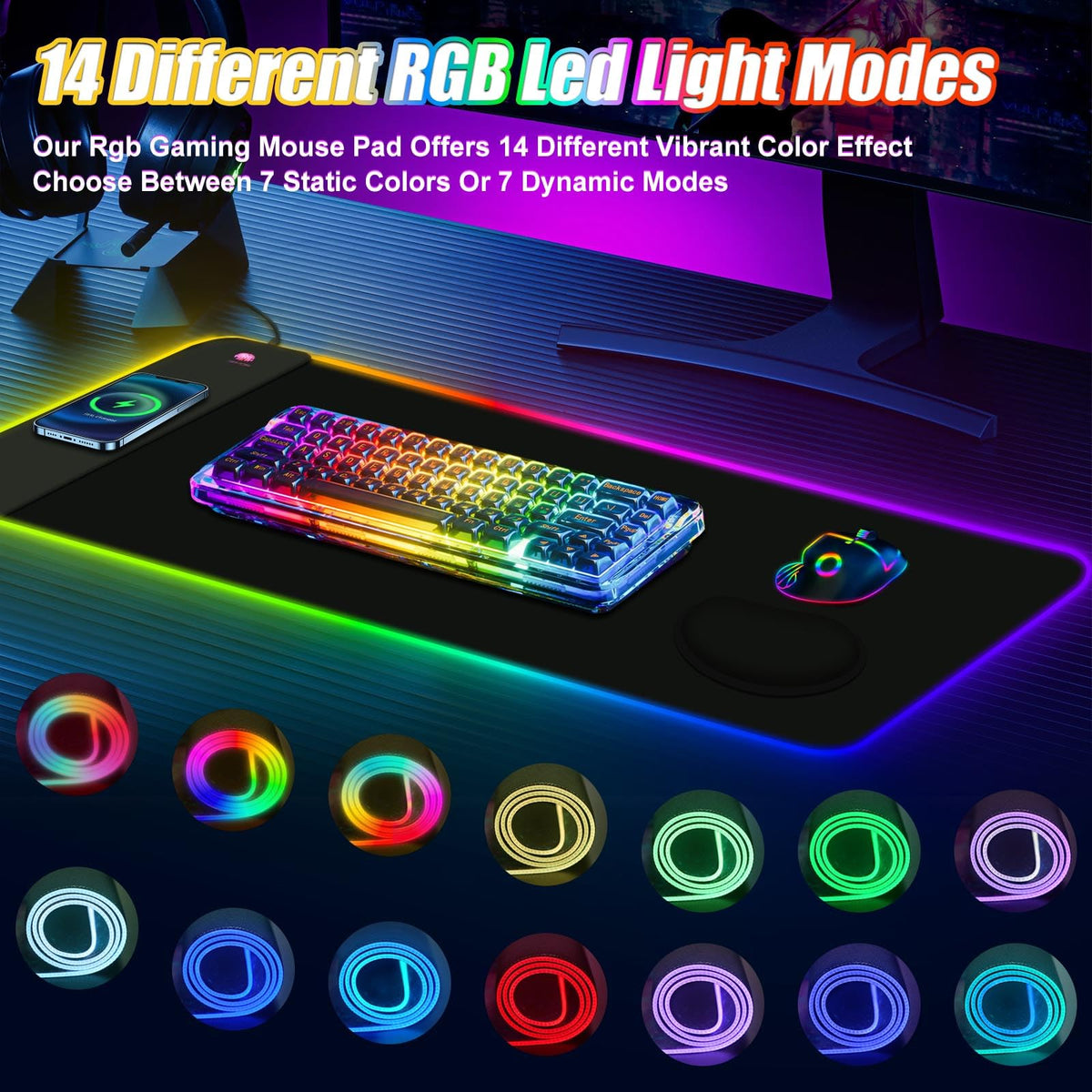 ToLuLu Wireless Charging RGB Gaming Mouse Pad, 15W LED Mouse Mat with 30W Charger, 14 Light Modes