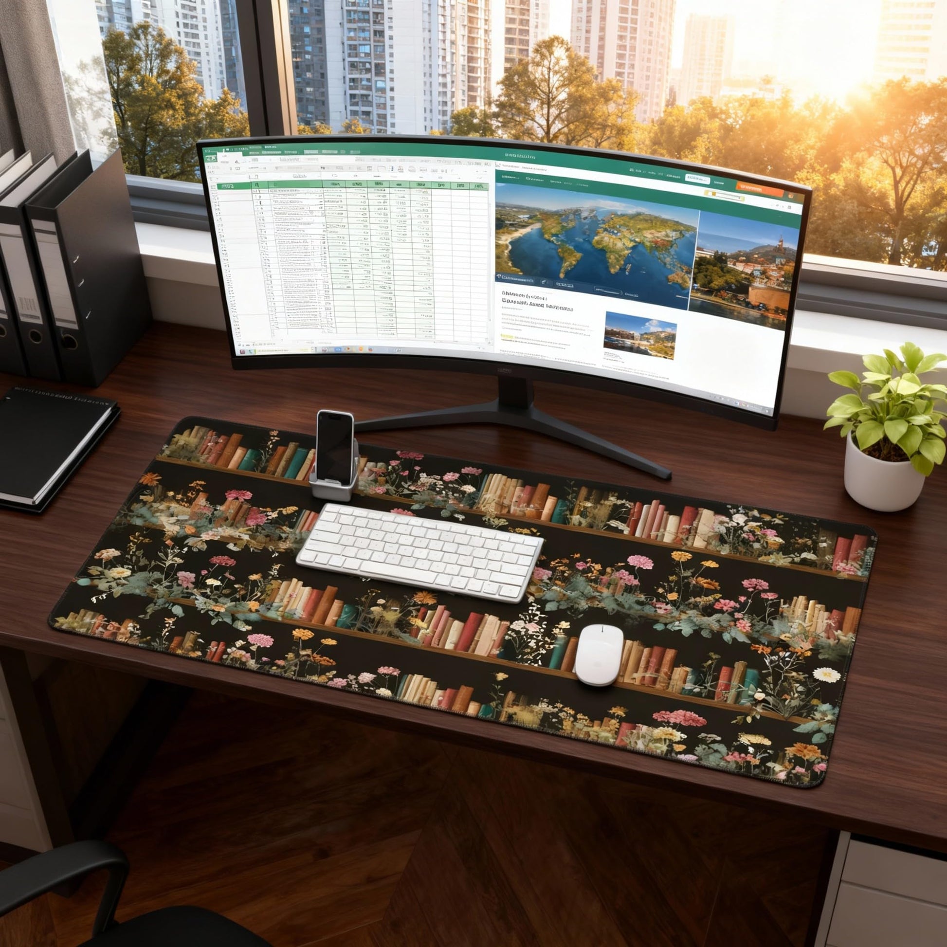 Dark Academia Floral with Books & Bookshelf XXL Desk Pad - Extra Large Anti-Slip Mouse Pad with