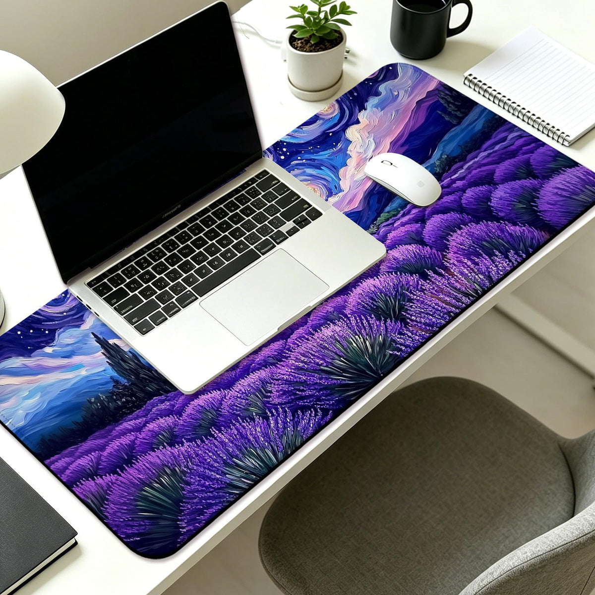 JIANG100 Starry Night Lavender Field Gaming Desk Mat & Extended Mouse Pad