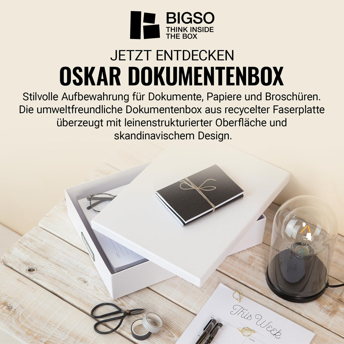 Bigso Box of Sweden Document Box for A4 Paper, Brochures and Notes - Box with Lid and Handle