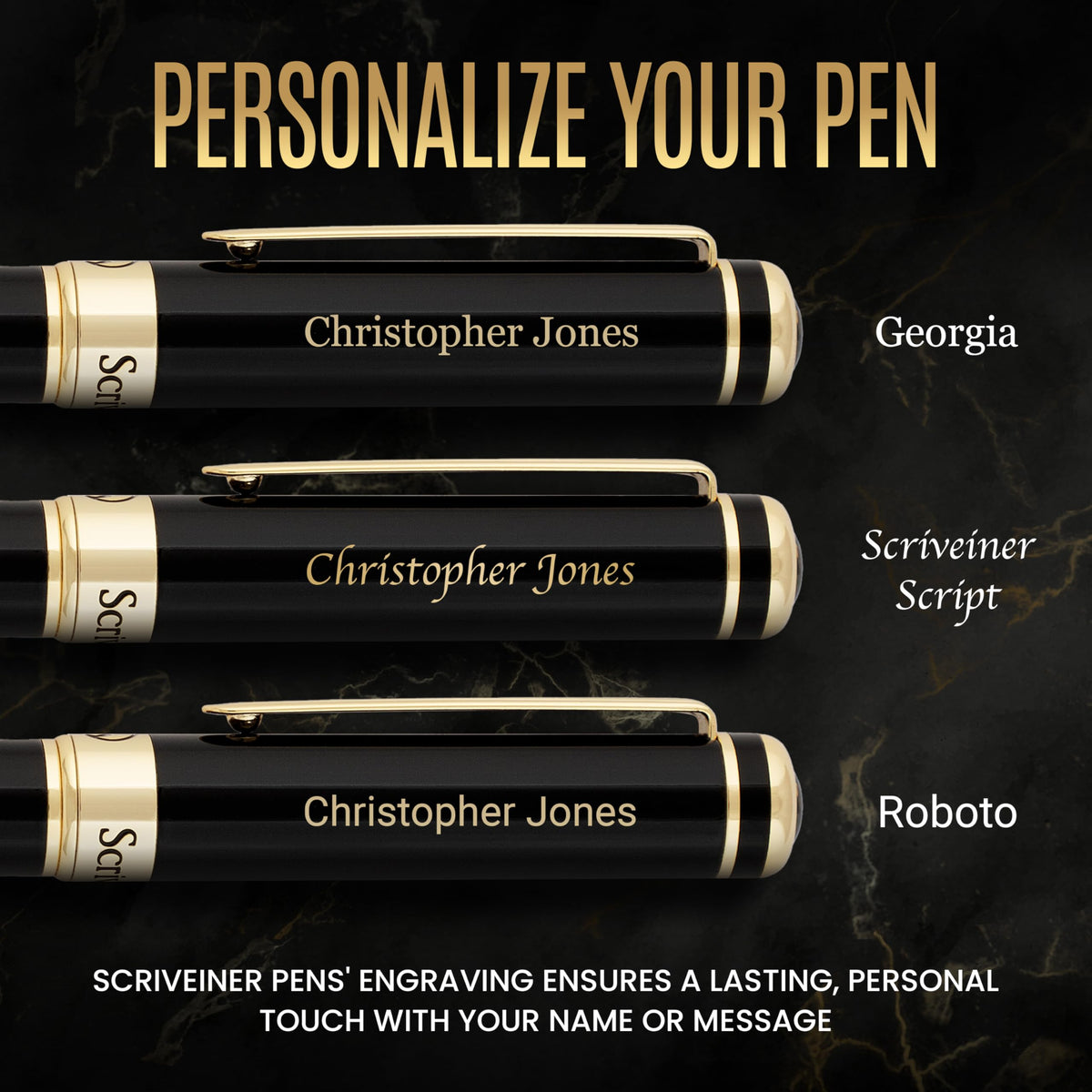 Scriveiner Personalized Black Fountain Pen - Stunning Luxury Pen, Jet Black Lacquer, Real Gold