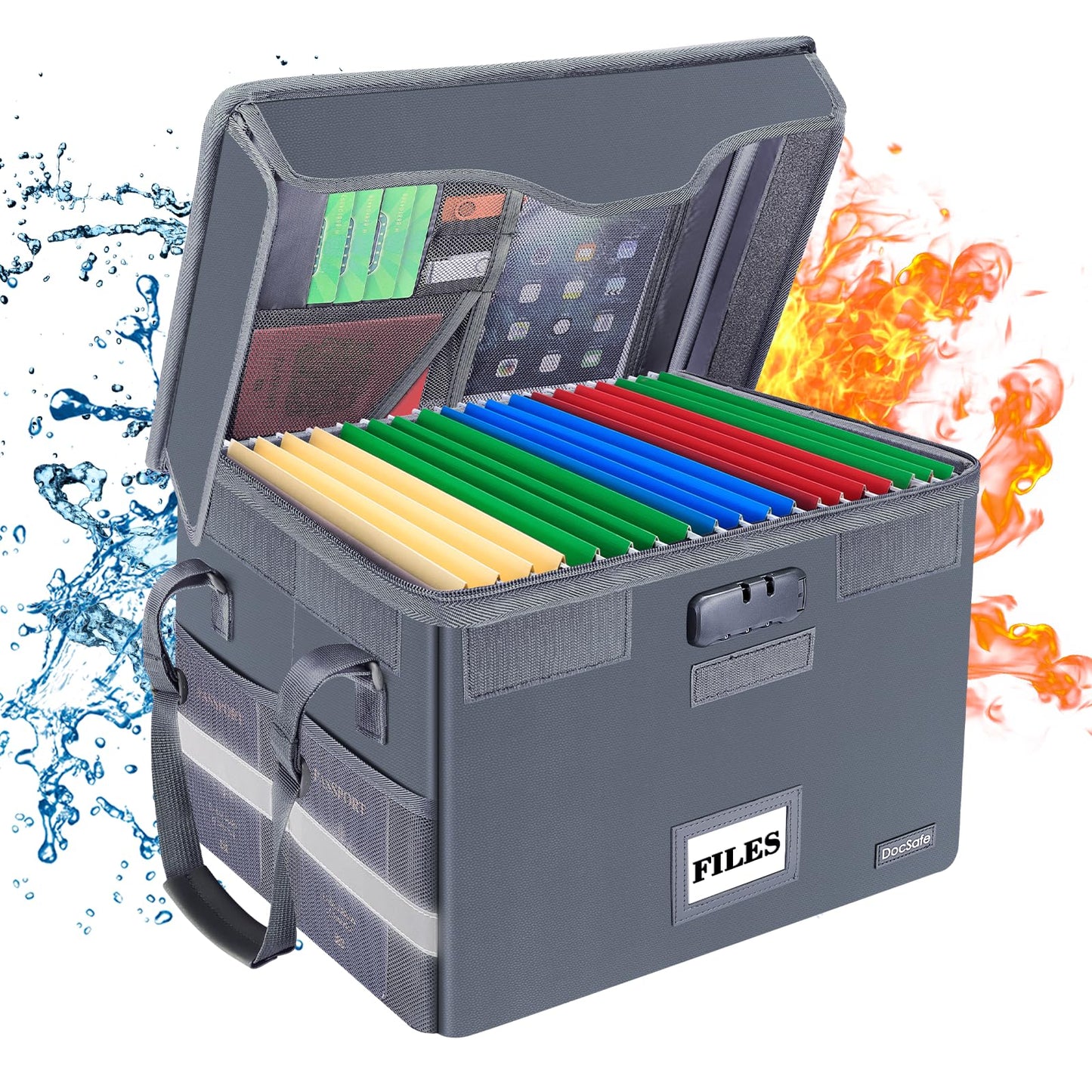 DocSafe Fireproof Document Box with Lock,File Storage Organizer with Zipper Pockets,Collapsible