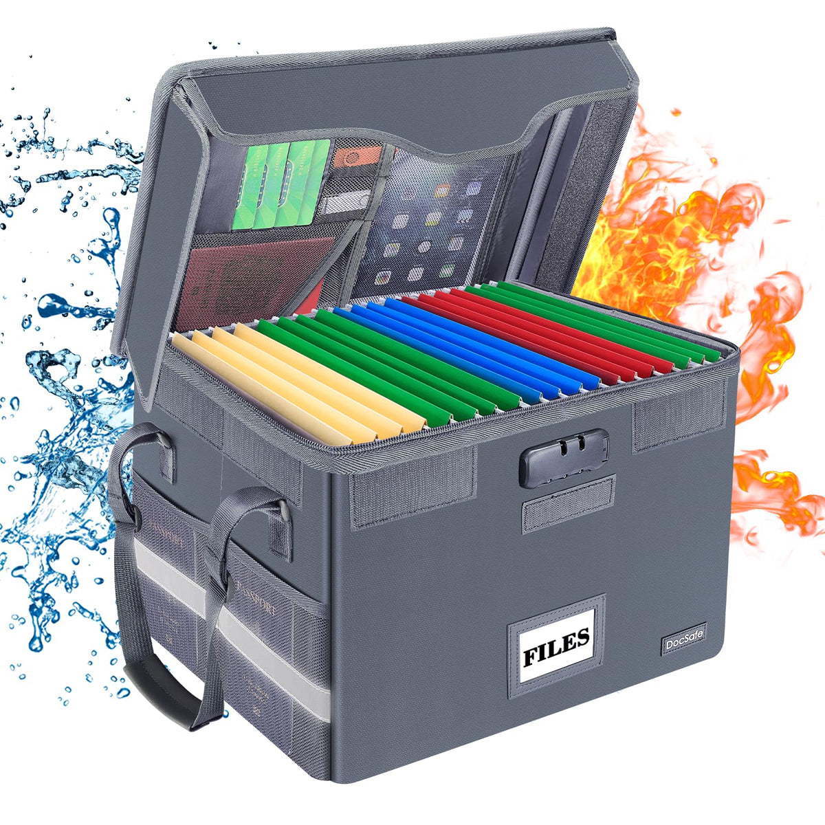 DocSafe Fireproof Document Box with Lock,File Storage Organizer with Zipper Pockets,Collapsible