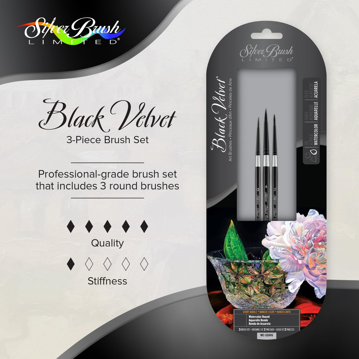 Silver Brush Limited Black Velvet Watercolor Round Paintbrush Set, 3pc
