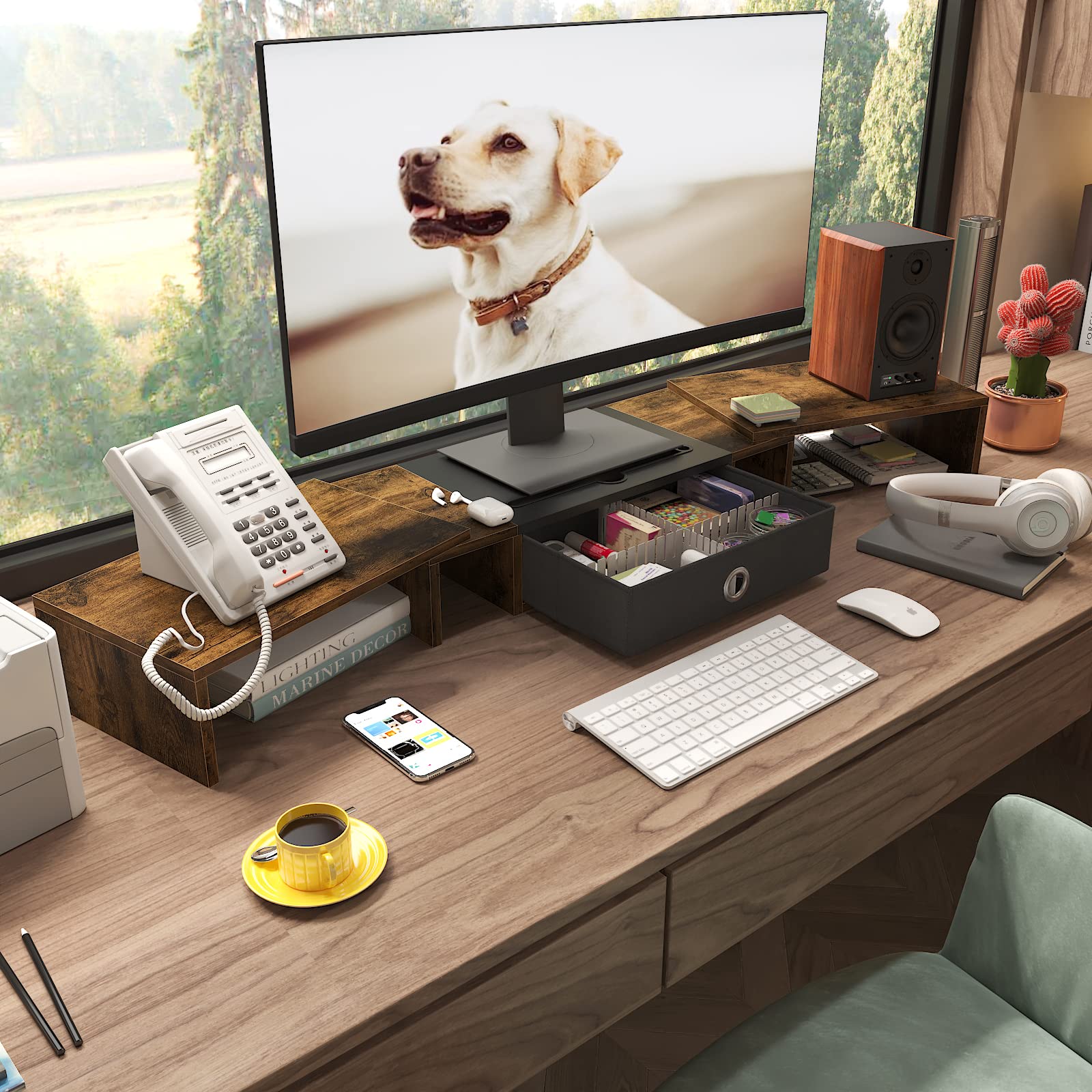 WESTREE Triple Dual Monitor Stand Riser with Drawer,Extra Large Adjustable for 2~3 Monitors,Solt