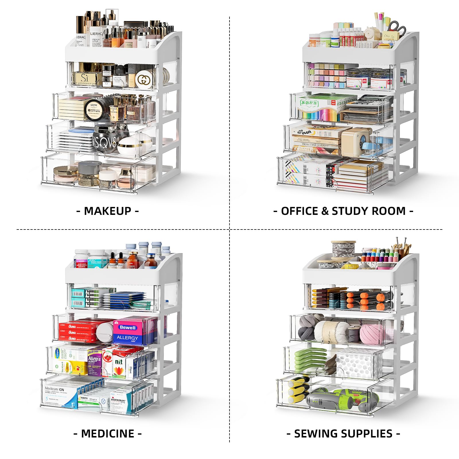 Desk Organizer with 4 Drawer Storage, Desktop Drawers Organizer for Office/School Supplies, Plastic