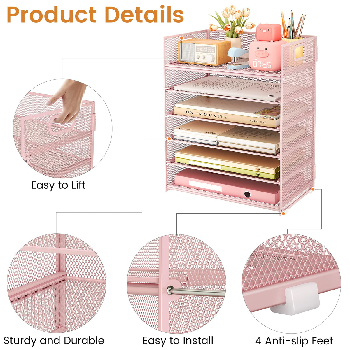 Subekyu 6 Tier Office File Paper Desk Tray Organizer with Handle, Stackable Slide Mesh Letter Tray