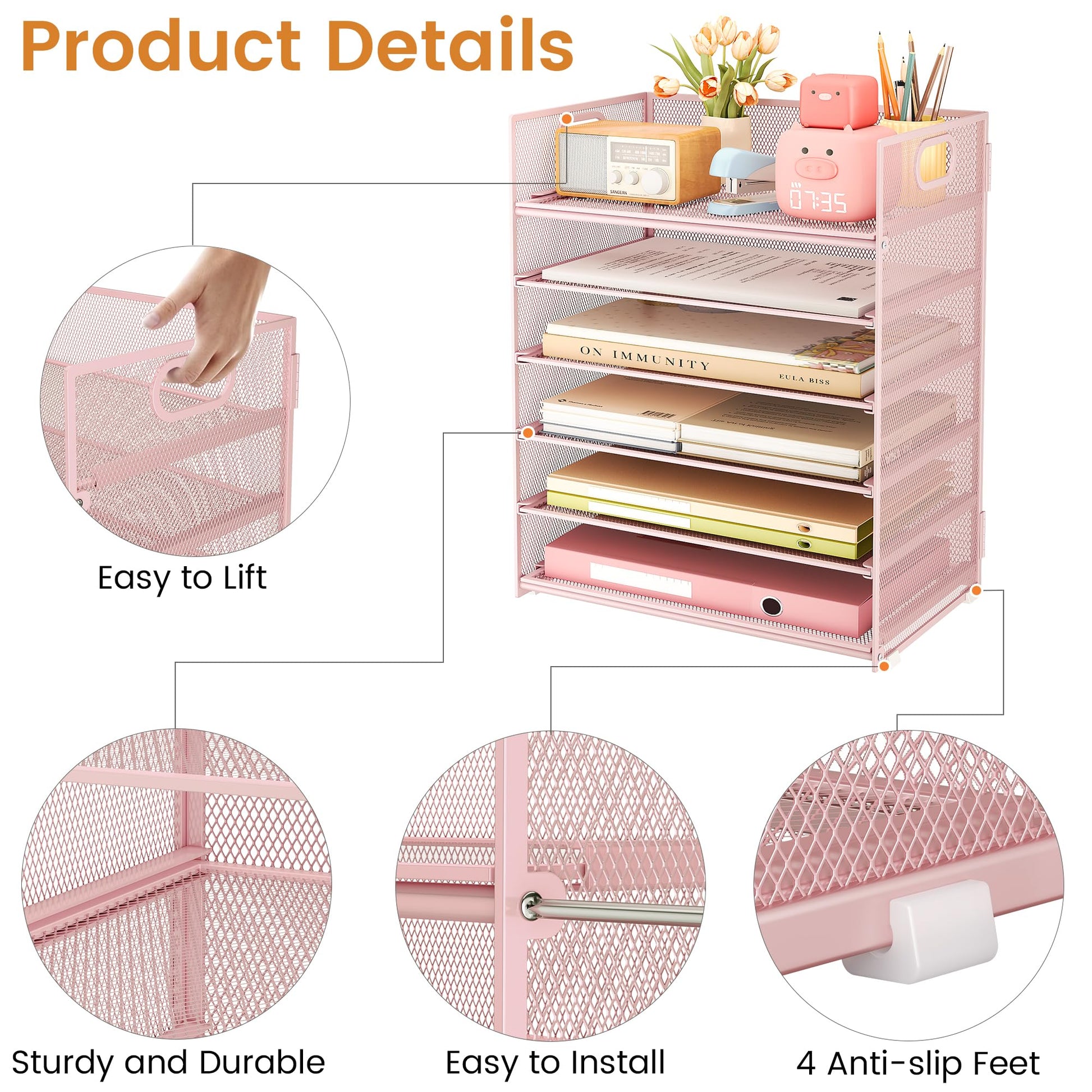 Subekyu 6 Tier Office File Paper Desk Tray Organizer with Handle, Stackable Slide Mesh Letter Tray
