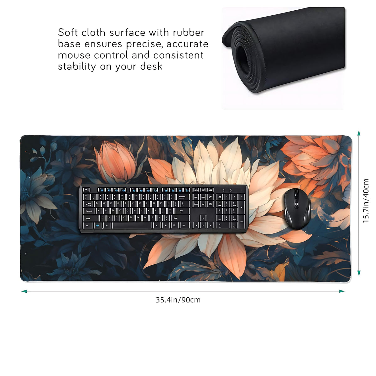 Floral Aesthetic Lotus Gaming Mouse Pad, Blue Pink Japanese Desk Mat with Anti-Slip Base & Stitched