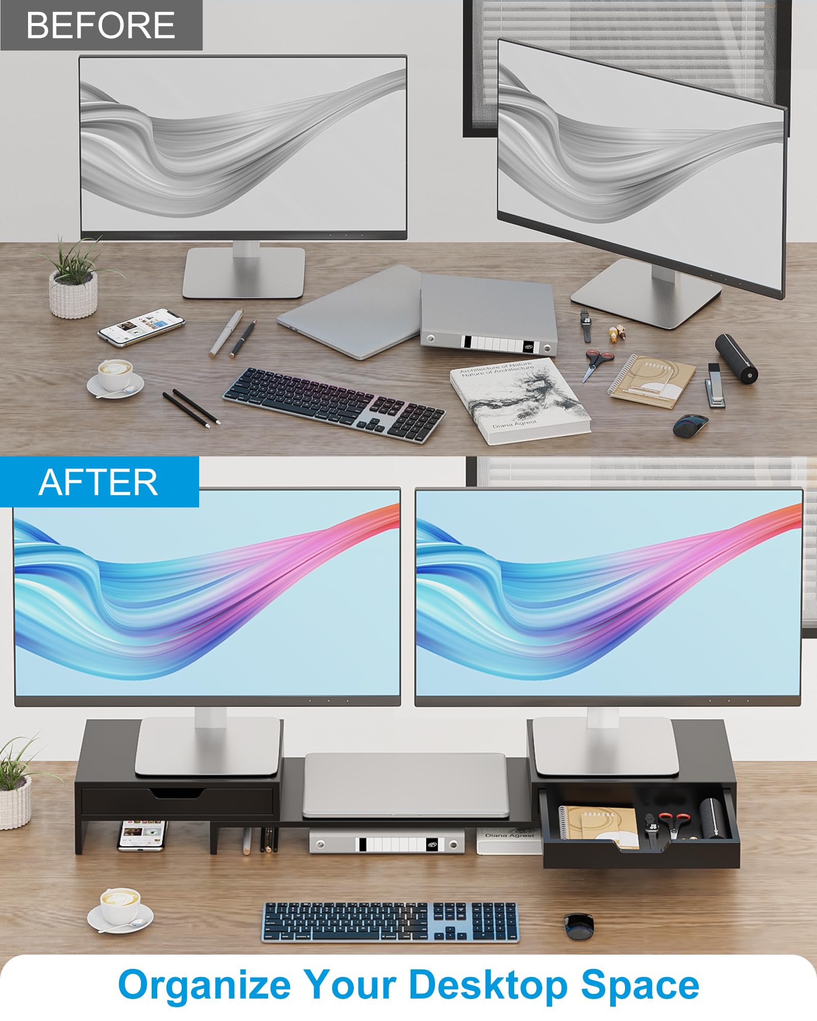 Epesoware Dual Monitor Riser with Two Drawer for Desk, No Assembly Required