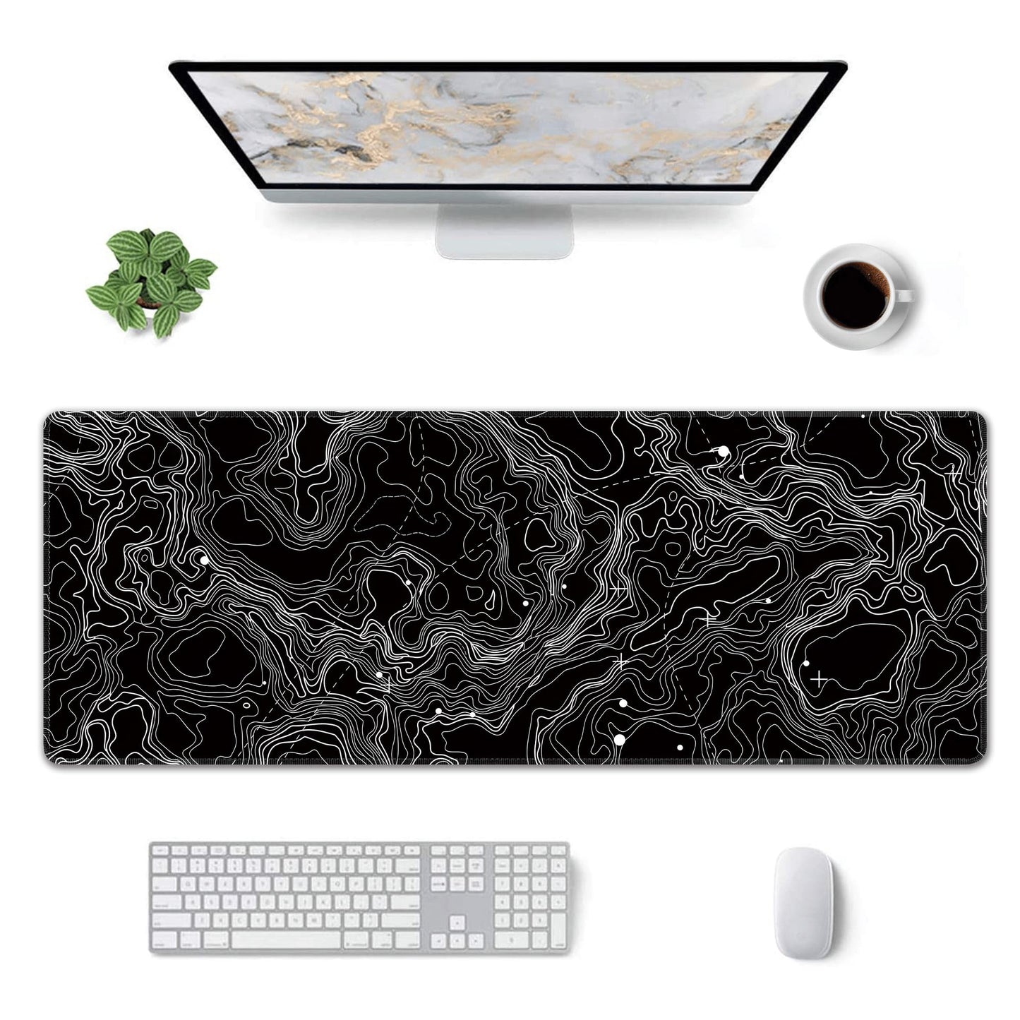 Black with White Topographic Line Large Mouse Pad,Gaming Keyboard Desk Pad,Extended Mouse Mat