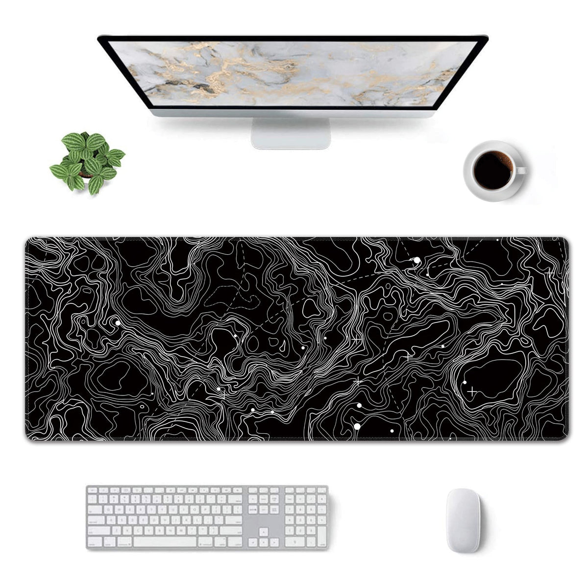 Black with White Topographic Line Large Mouse Pad,Gaming Keyboard Desk Pad,Extended Mouse Mat