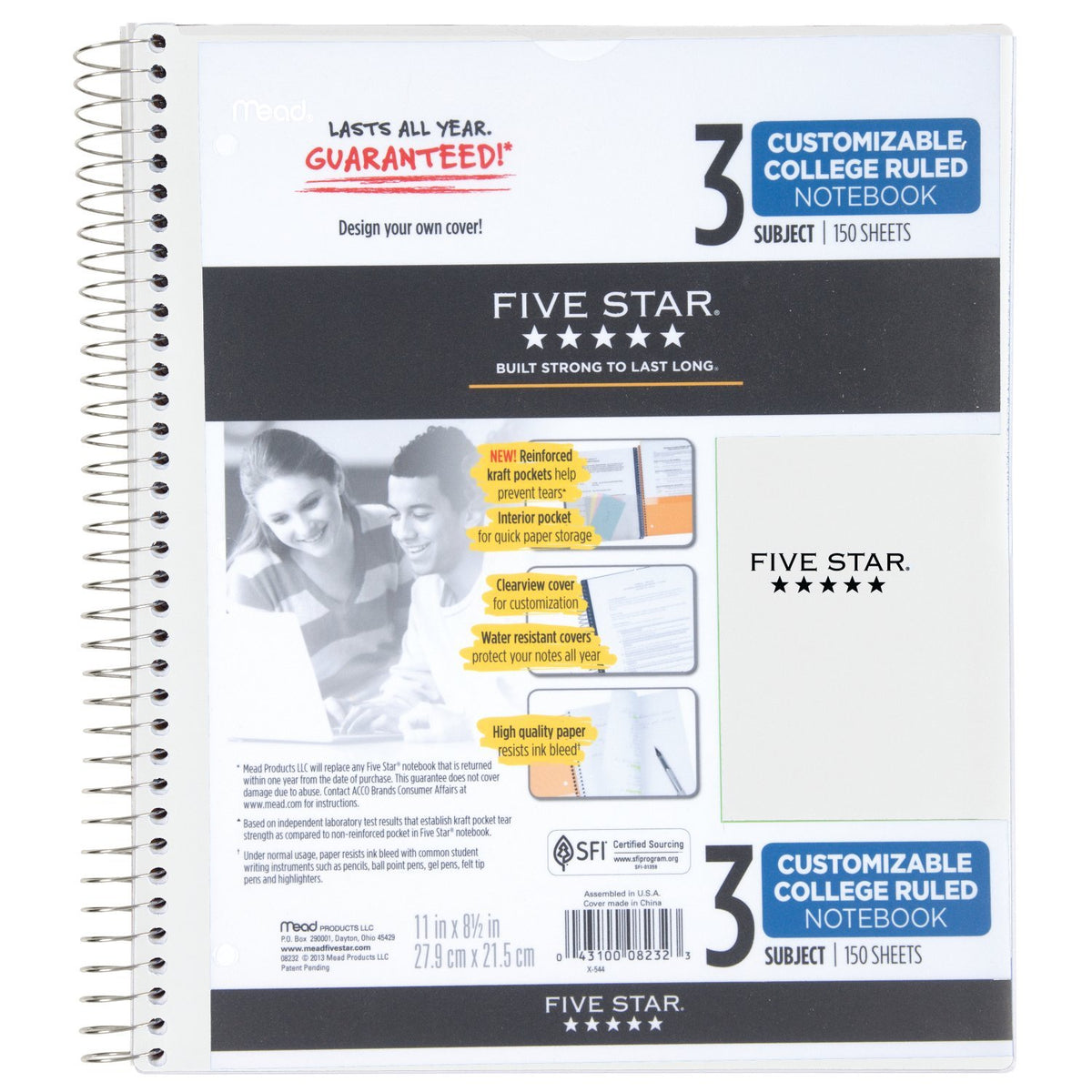 Five Star Spiral Notebook, 3 Subject, College Ruled Paper, 150 Sheets, 11" x 8-1/2", Customizable