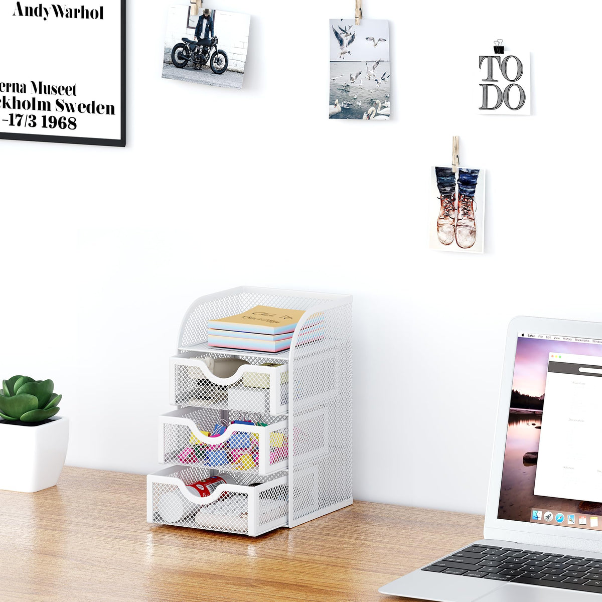 EasyPAG Mesh Desk Organizer with 3 Drawer Office Desktop Organizers and Accessories Stationery