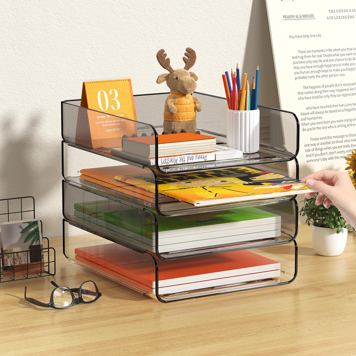 FANXIYQ 4-Tier Acrylic Paper Tray Organizer, 2-Tone Office Paper Organizer