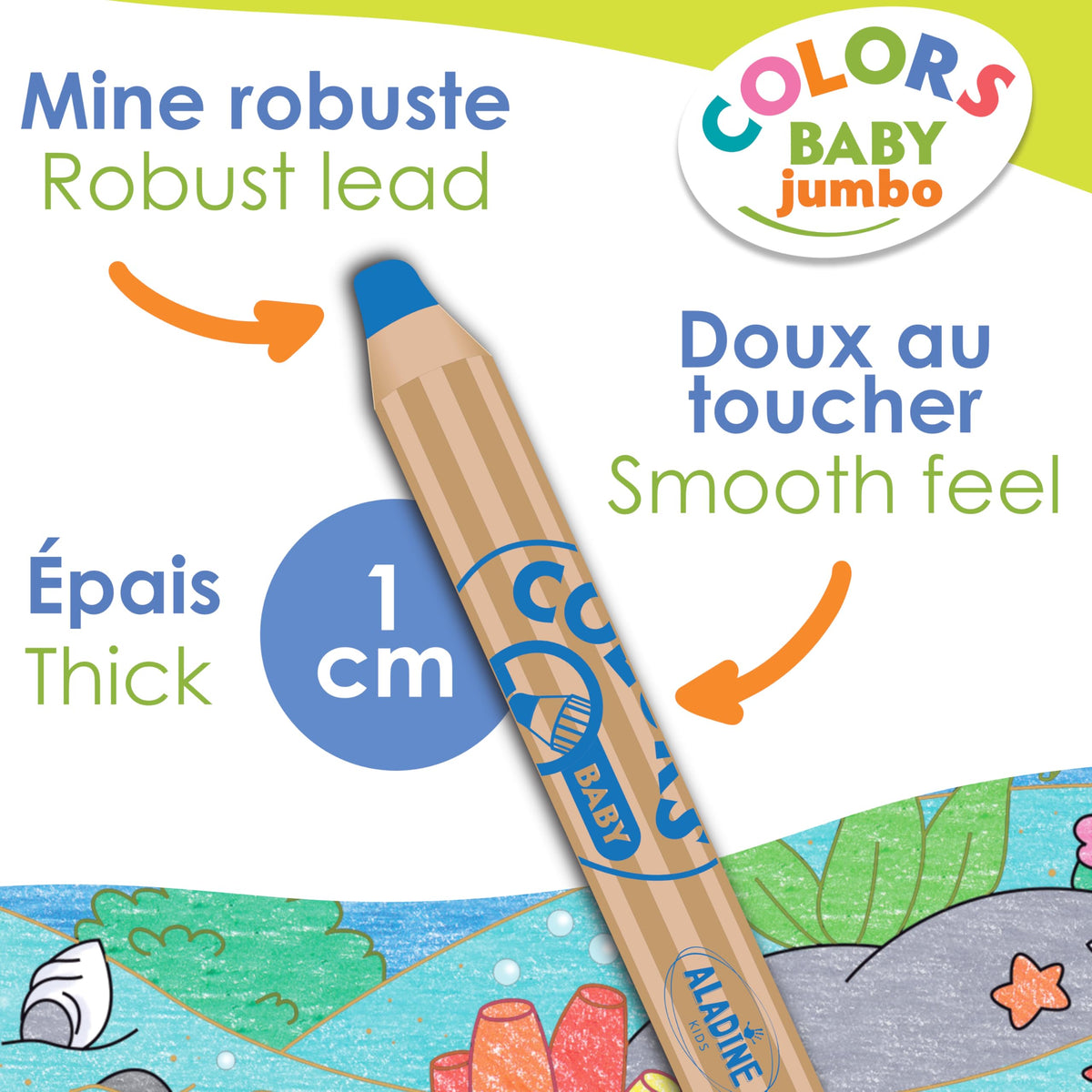 Aladine - Baby Jumbo Colors - Set of 8 Colour Pencils - Soft and Washable Trace - Easy to Handle