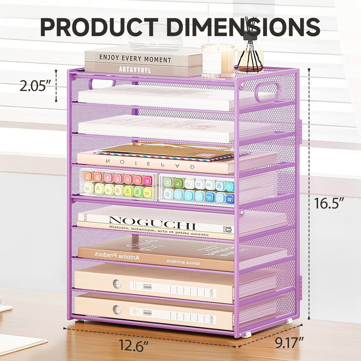 SUBEKYU 9 Tier Paper Letter Tray Desk Organizer with Handles - Purple Metal Mesh File Holder Paper