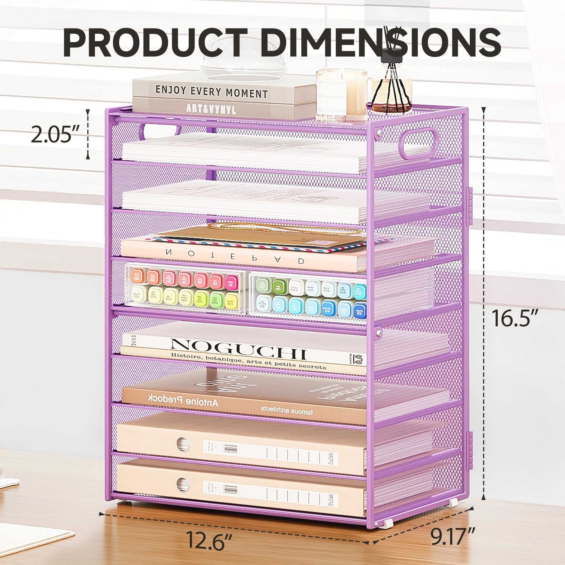 SUBEKYU 9 Tier Paper Letter Tray Desk Organizer with Handles - Purple Metal Mesh File Holder Paper