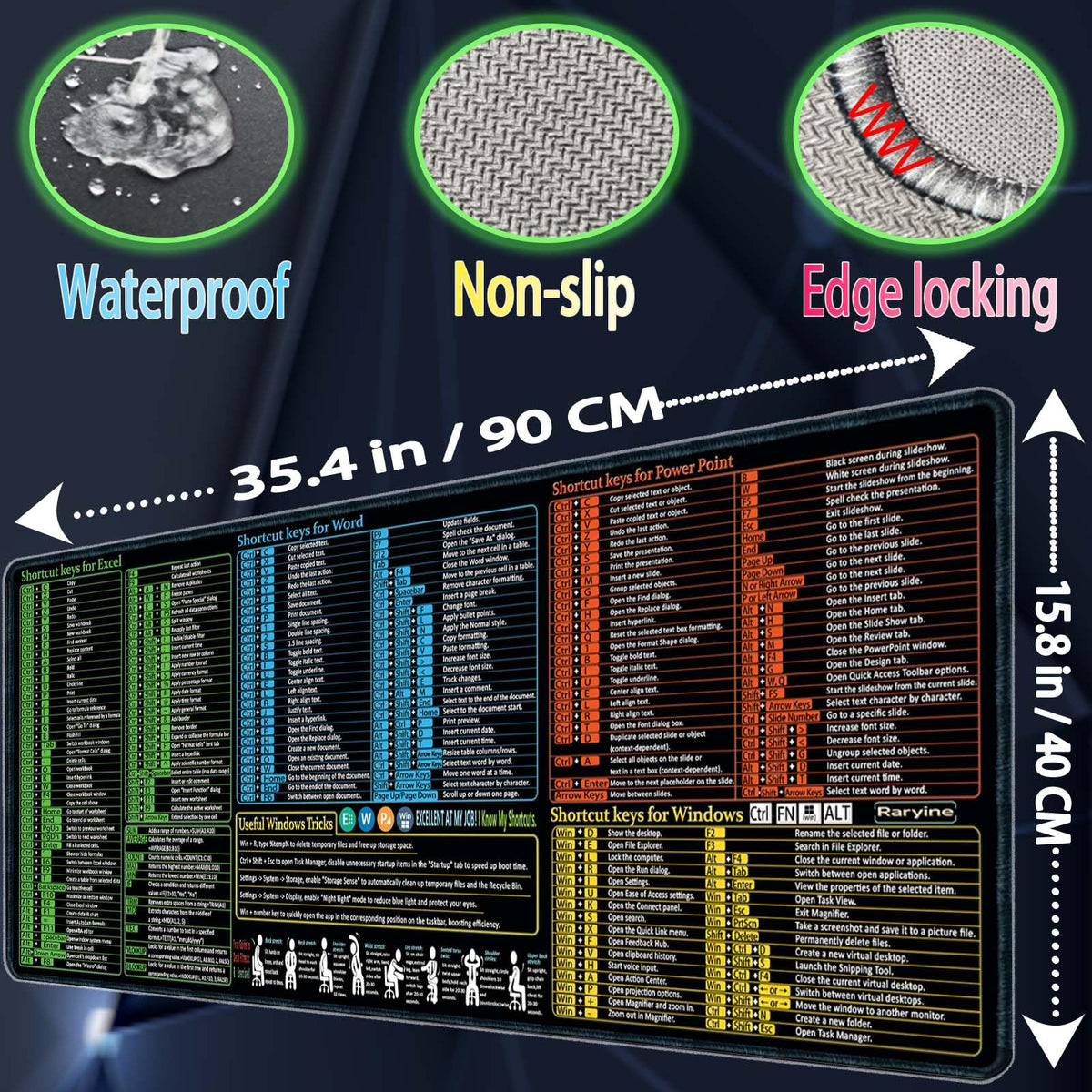 Raryine Excel/Word/Power Point/Windows Mouse pad,Non-Slip&Waterproof Large Gaming Office pc Desk