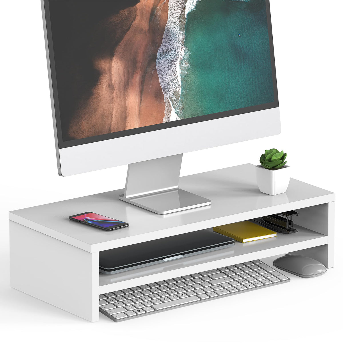 FITUEYES Wooden Monitor Stand Riser, 2-Tier Desk Storage Shelf, White