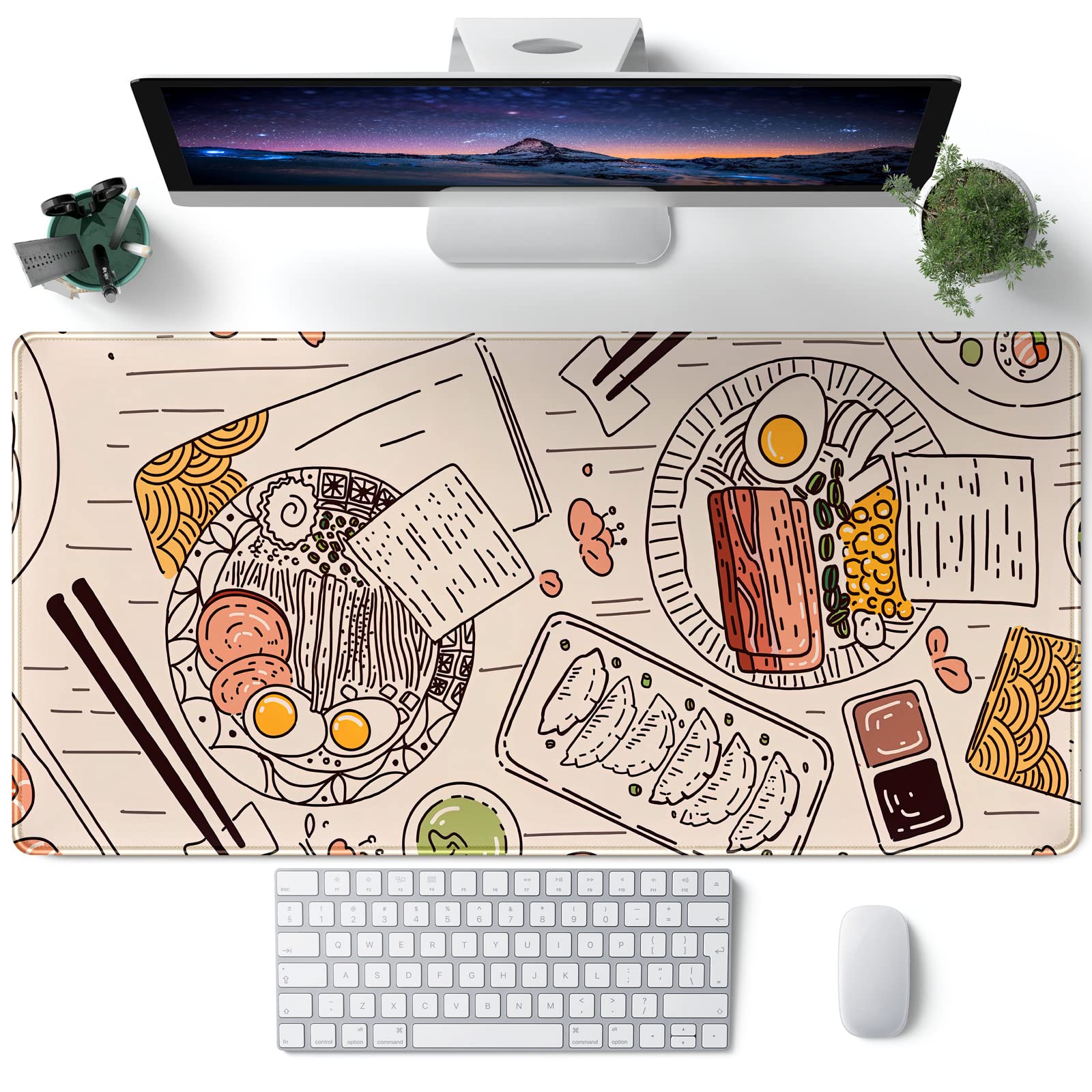 Japanese Ramen Sushi Food Desk Mat Beige XL Mouse Pad Large Full Desk Mousepad Gaming Extended