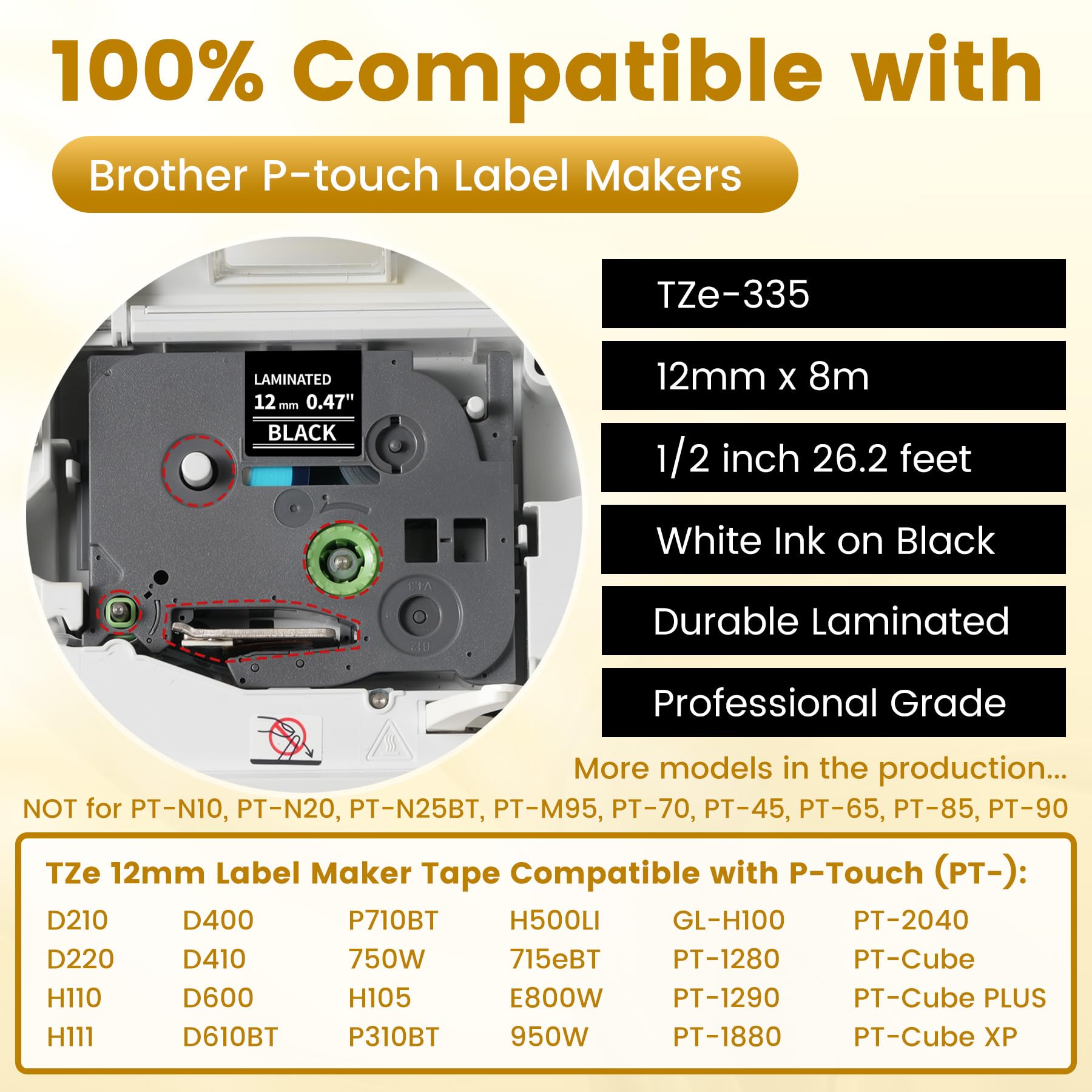 6-PK TZe-335 Replace for Brother Label Maker Tape 12mm 0.47 Black Laminated