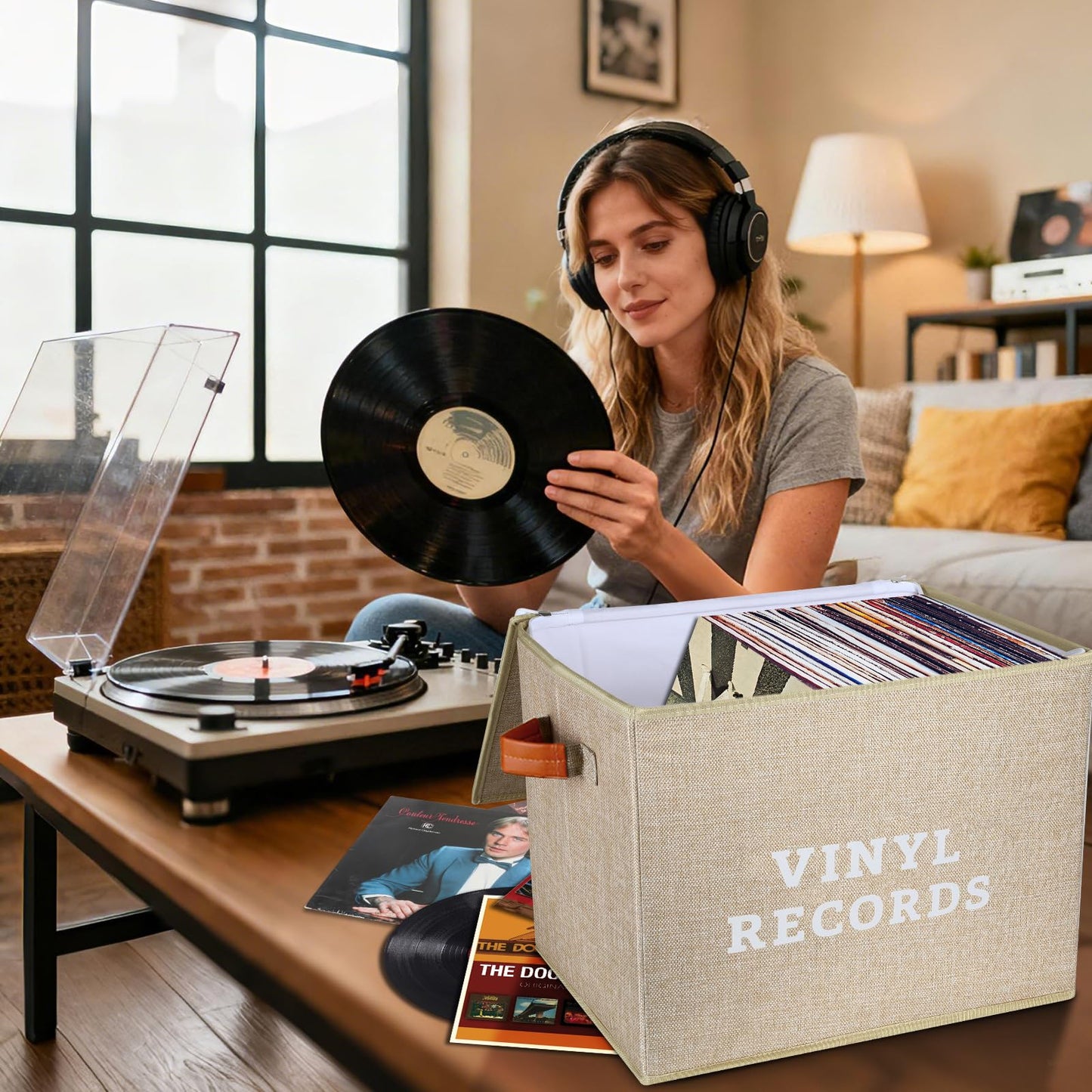 Lukeline Vinyl Record Storage Box, Decorative Moving Box for Records with Handles,LP Record Storage
