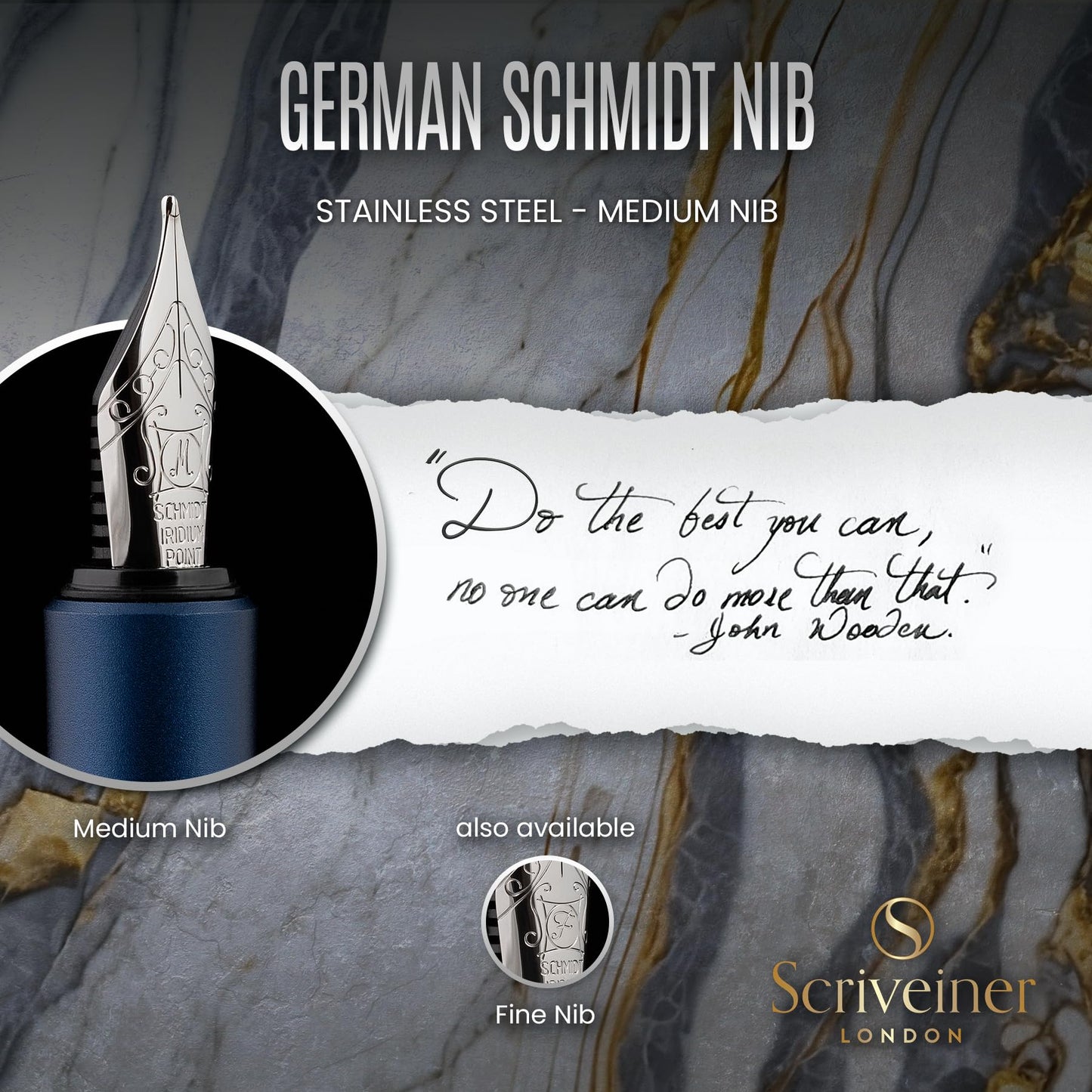 Scriveiner Luxury EDC Fountain Pen (Medium), Stunning Matt Blue Pocket Pen, Chrome Finish, Schmidt