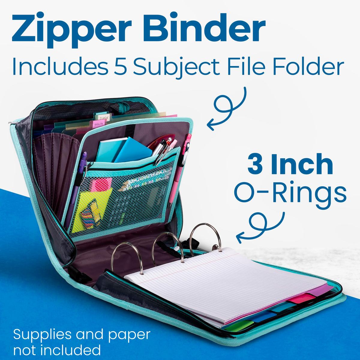 Case-it School Zipper Binder | 3-Inch O-Rings | 600-Sheet | D-146 Aqua